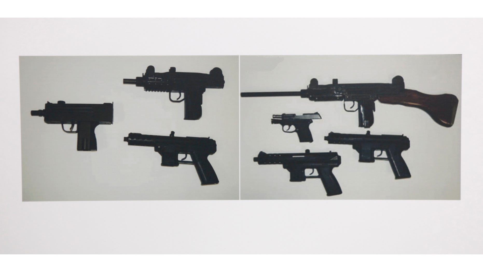 June 1, 2012: Photographs showing some of guns confiscated during the investigation of alleged illegal gun sales by two Sacramento County Sheriff's deputies are seen at a news conference in Sacramento, Calif.