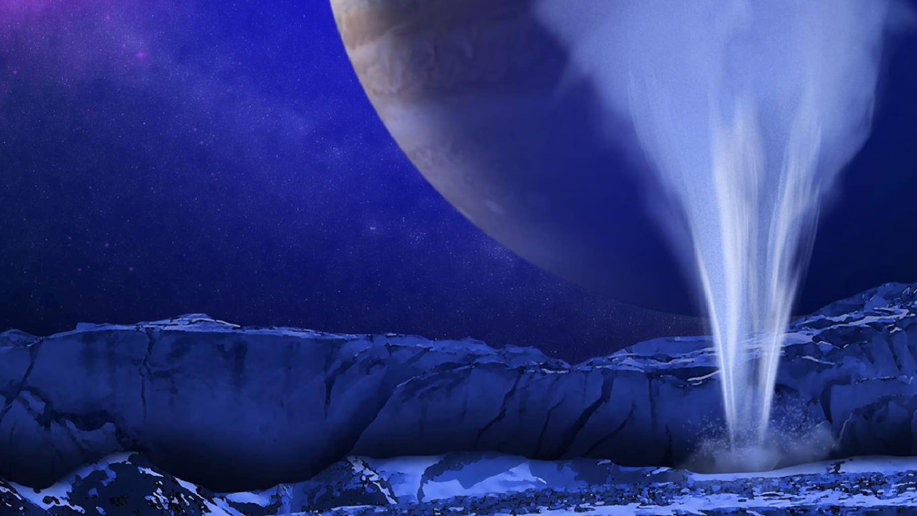 An artist's illustration of plumes on the surface of Jupiter's moon Europa. The James Webb Space Telescope could help scientists study these plumes in more detail.
