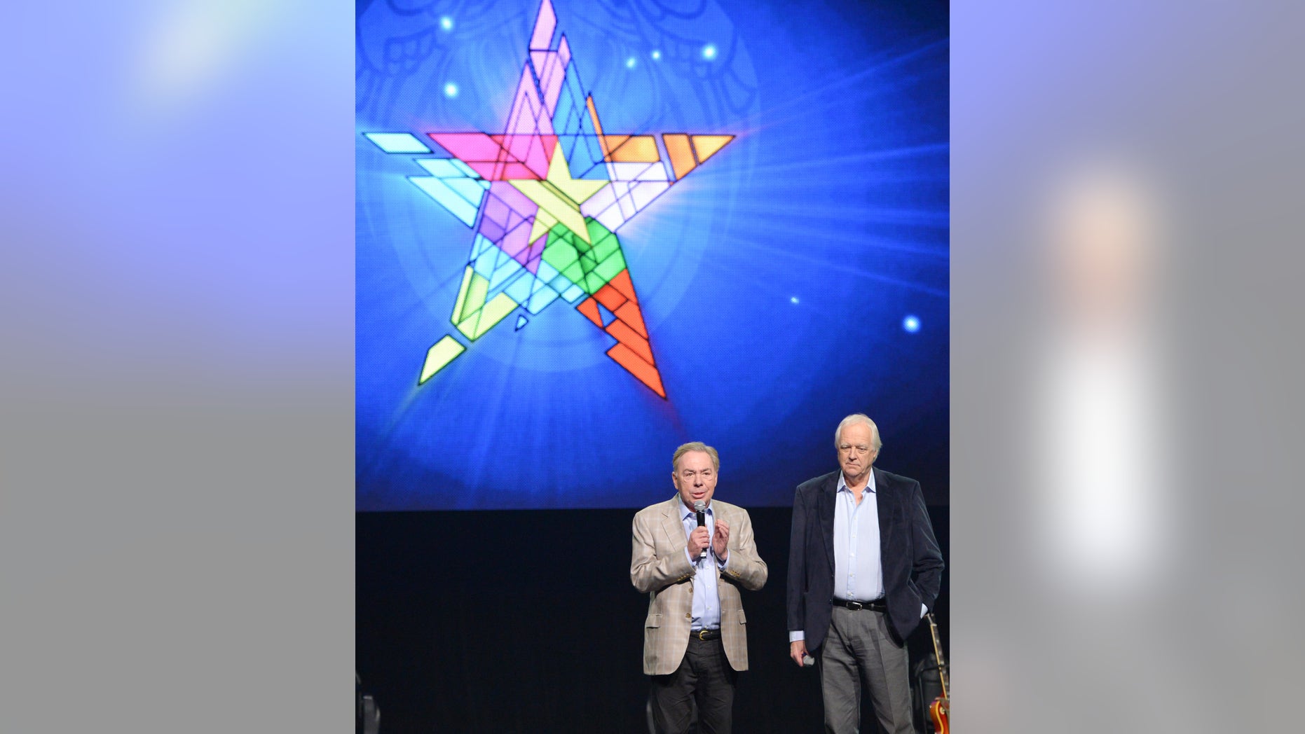 April 4, 2014. Composer Andrew Lloyd Webber, left, and lyricist Tim Rice announce the new "Jesus Christ Superstar" North American arena tour at a press conference and performance in New York.