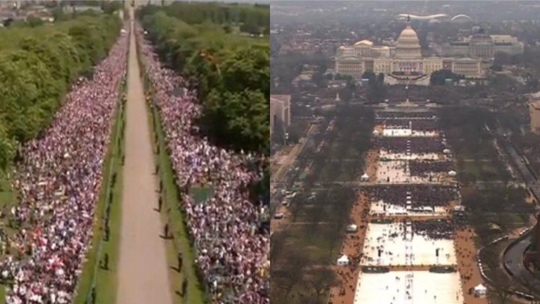 On the left, a photo of the crowd lining the road to Windsor Castle in Windsor, England, and on the right, the crowd at Donald Trump's 2017 Washington, D.C., inauguration.
