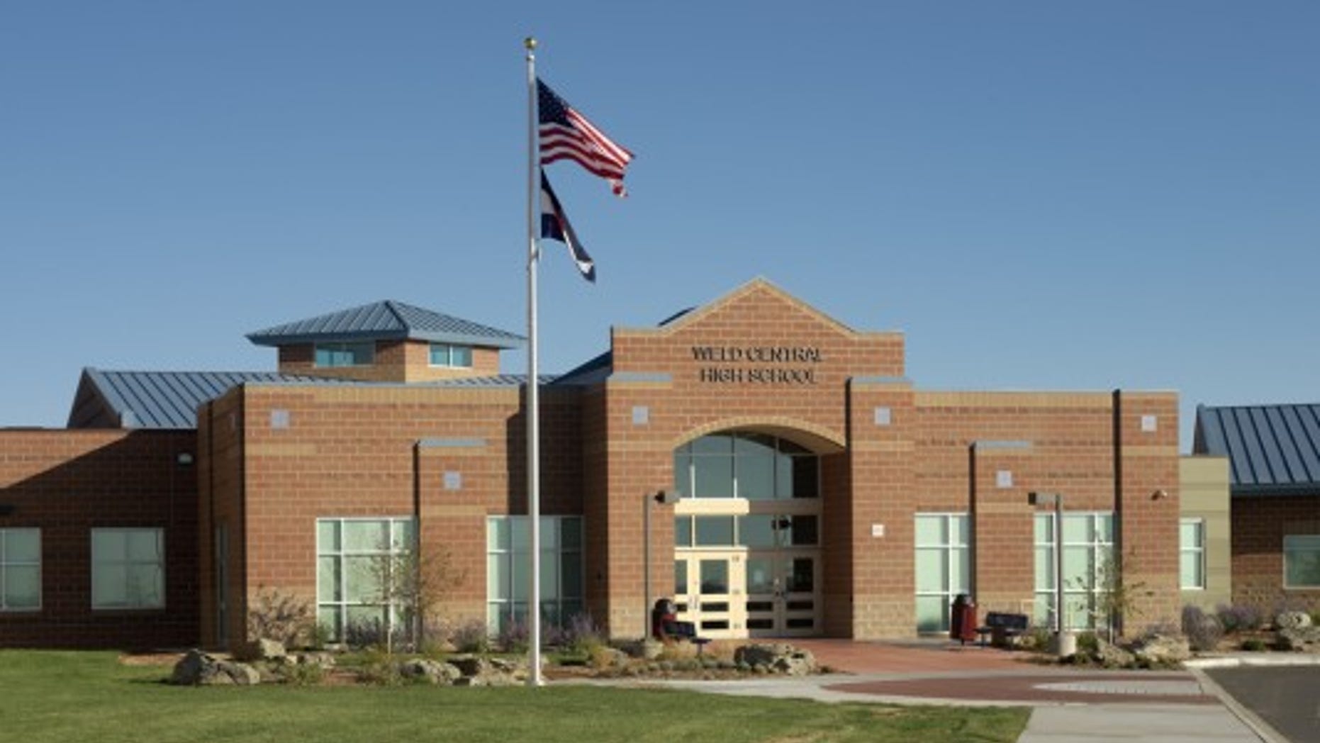 The main entrance to Weld Central High School, which has a Rebel mascot, in Keenesburg, Colorado.