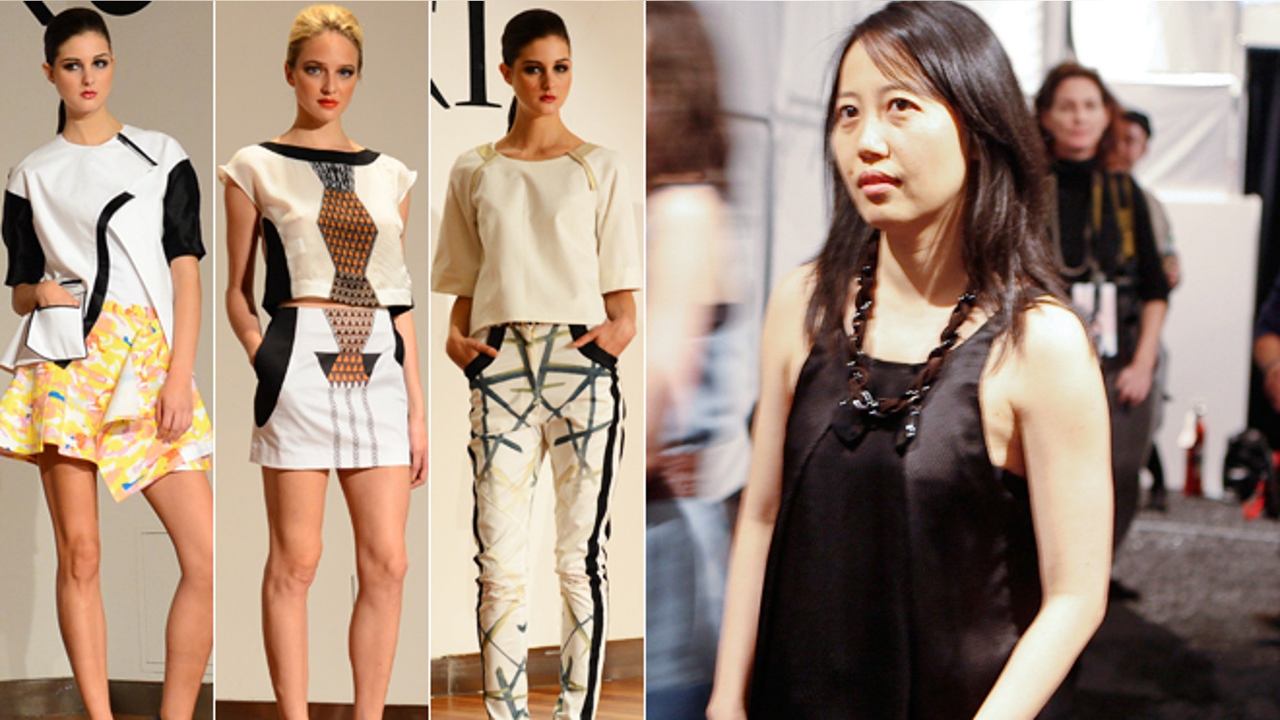 Designer Wenlan Chia, right, is pictured next to designs by her fashion students.