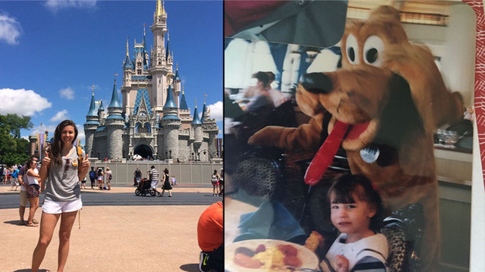 Chelsea Herline poses in front of Cinderella's Castle at Walt Disney World in April (left) and as a four-year-old with Pluto in 1994.