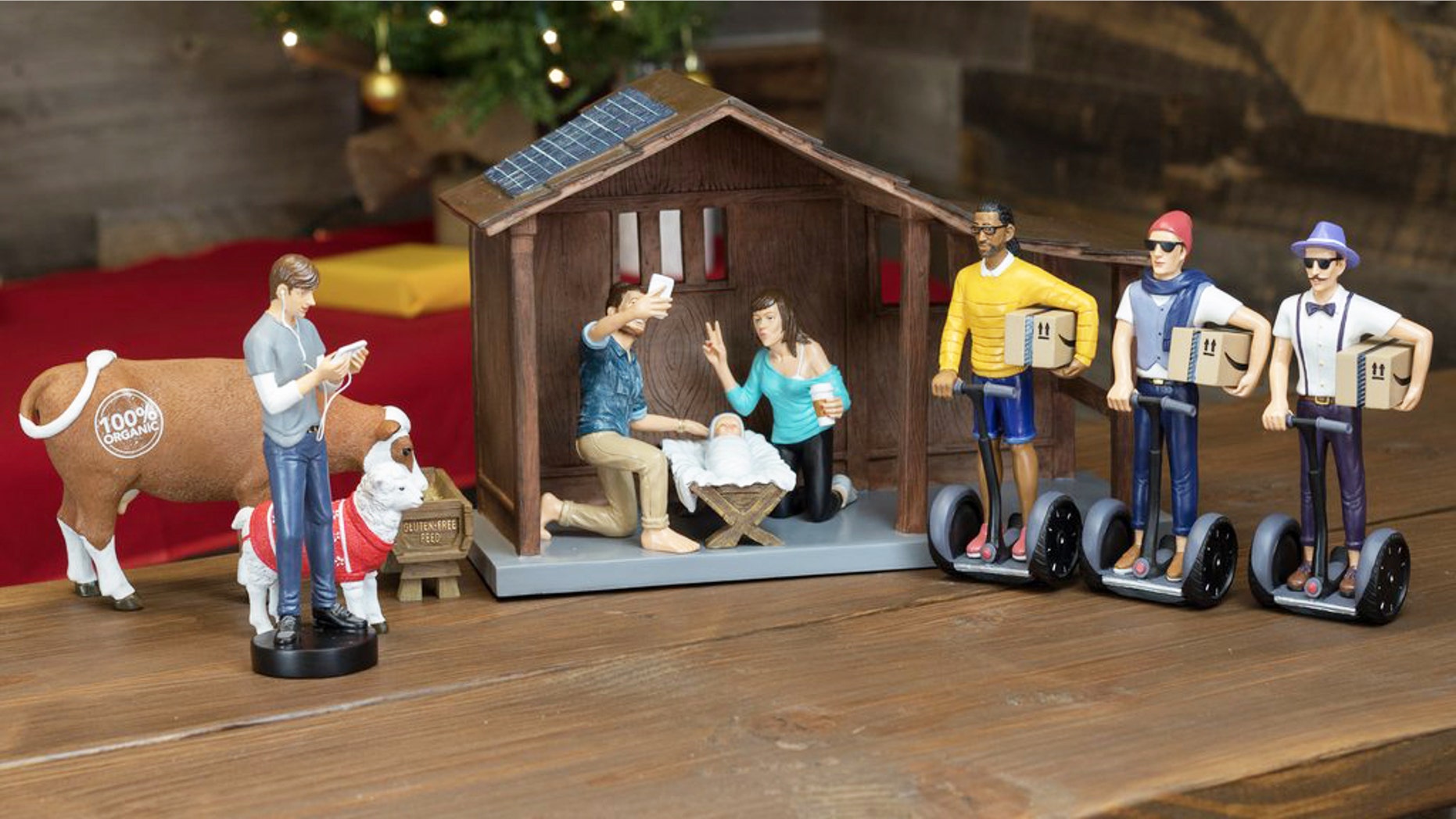 This nativity set is a modern take on the traditional manger scene.