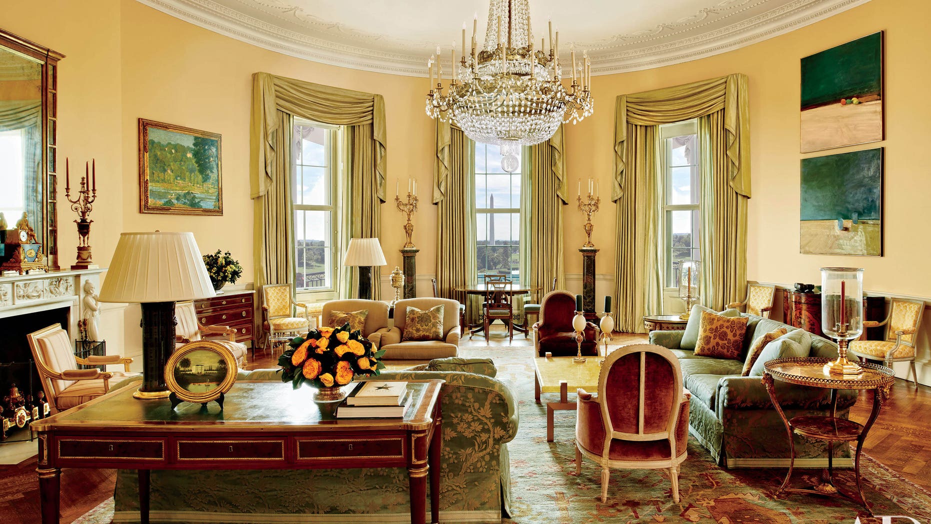 The image provided by Architectural Digest shows the Yellow Oval Room in the White House.