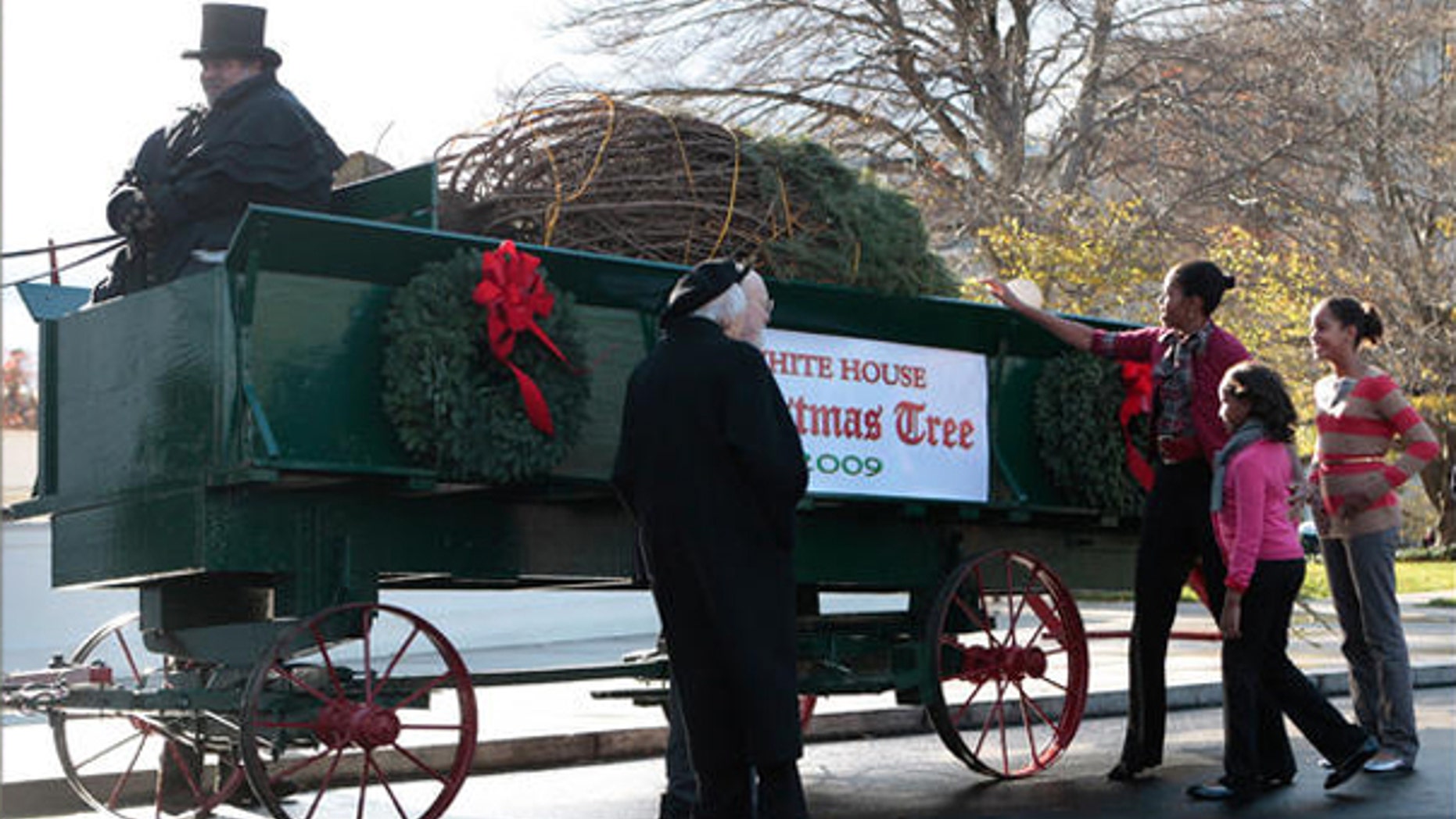 Nov. 27: First lady Michelle Obama, with daughters Sasha and Malia, receive the White House Christmas tree (AP Photo).