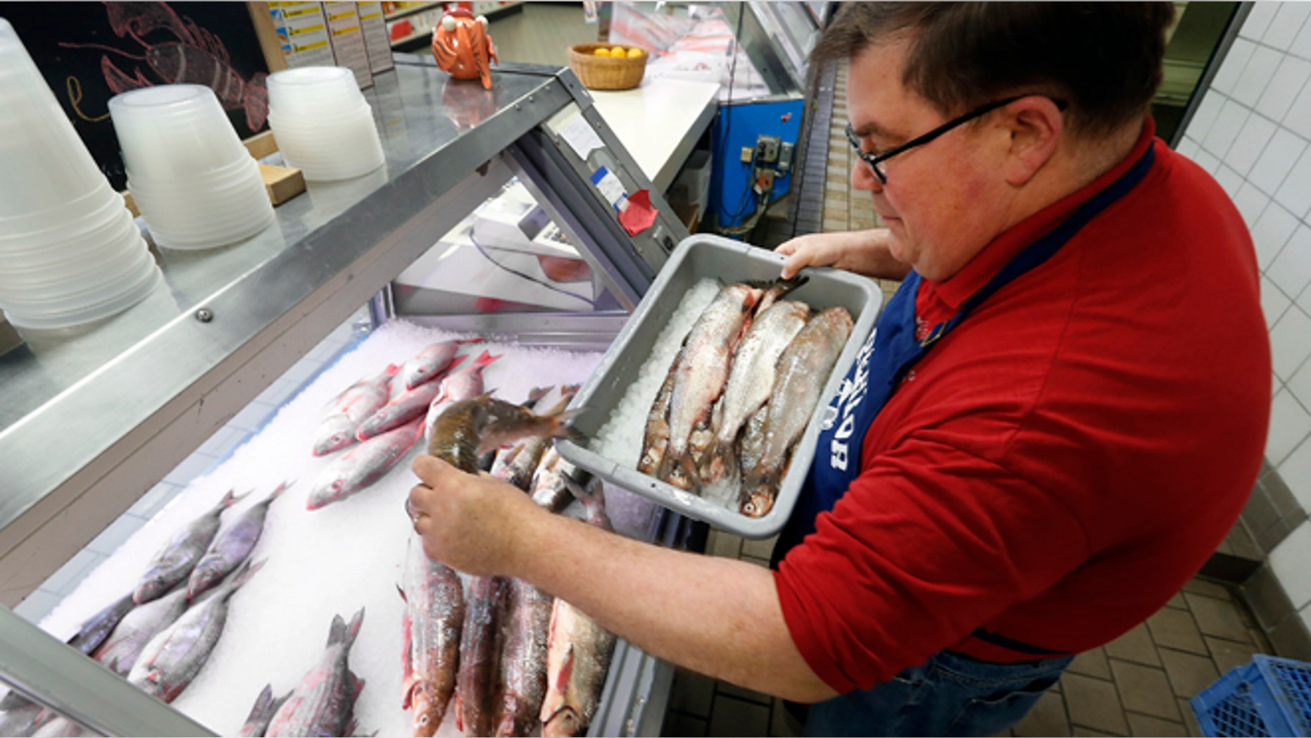 April 14, 2014: Kevin Dean, co-owner of Superior Fish Company, puts Whitefish out for sale in Royal Oak, Mich. Many fish markets in the Great Lakes region are running short of whitefish, and its coming at a bad time: Passover. The shortfall is yet another ripple effect of the bitterly cold winter that caused vast sections of the Great Lakes to freeze over. Dean said his latest shipment of Whitefish amounted to just 75 pounds although he requested 500. (AP/Paul Sancya)
