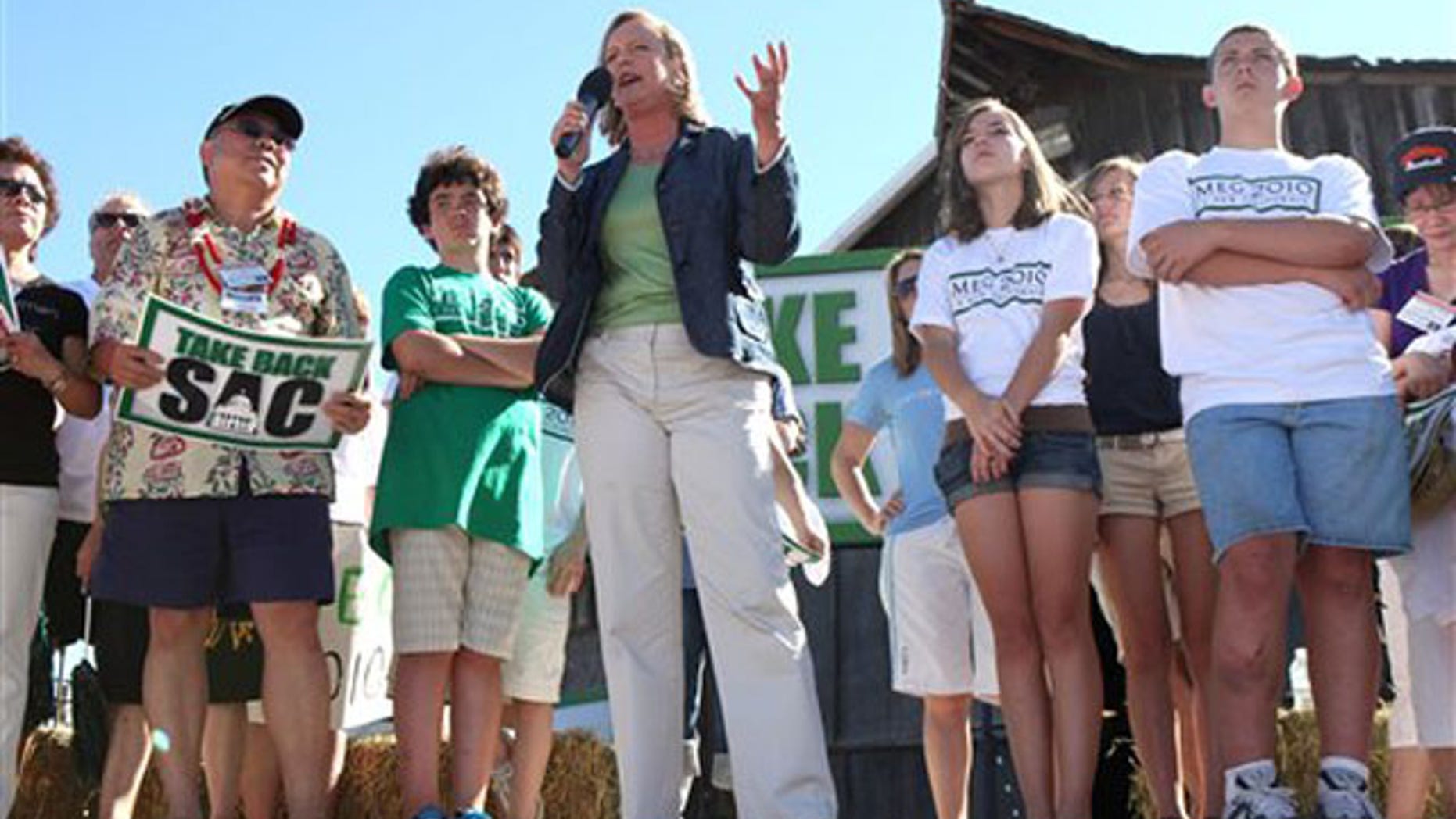 Meg Whitman, a candidate for the Republican nomination for governor, speaks at a campaign stop on the final weekend before the Tuesday primary, in Elk Grove, Calif., June 6. (AP Photo)