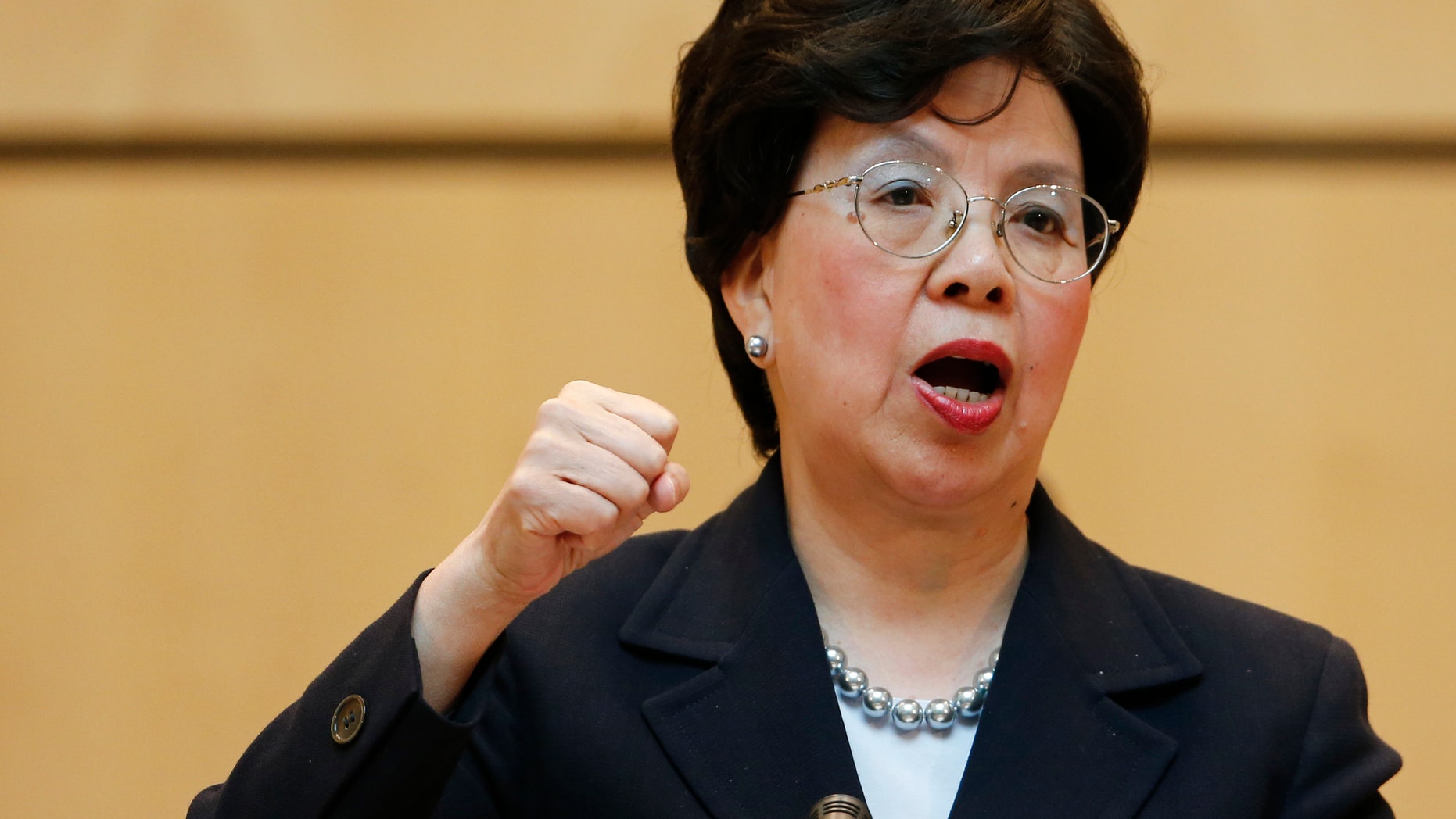 World Health Organisation Director-General Margaret Chan gestures during her address to the 68th World Health Assembly at the United Nations European headquarters in Geneva, Switzerland, May 18, 2015. REUTERS/Denis Balibouse