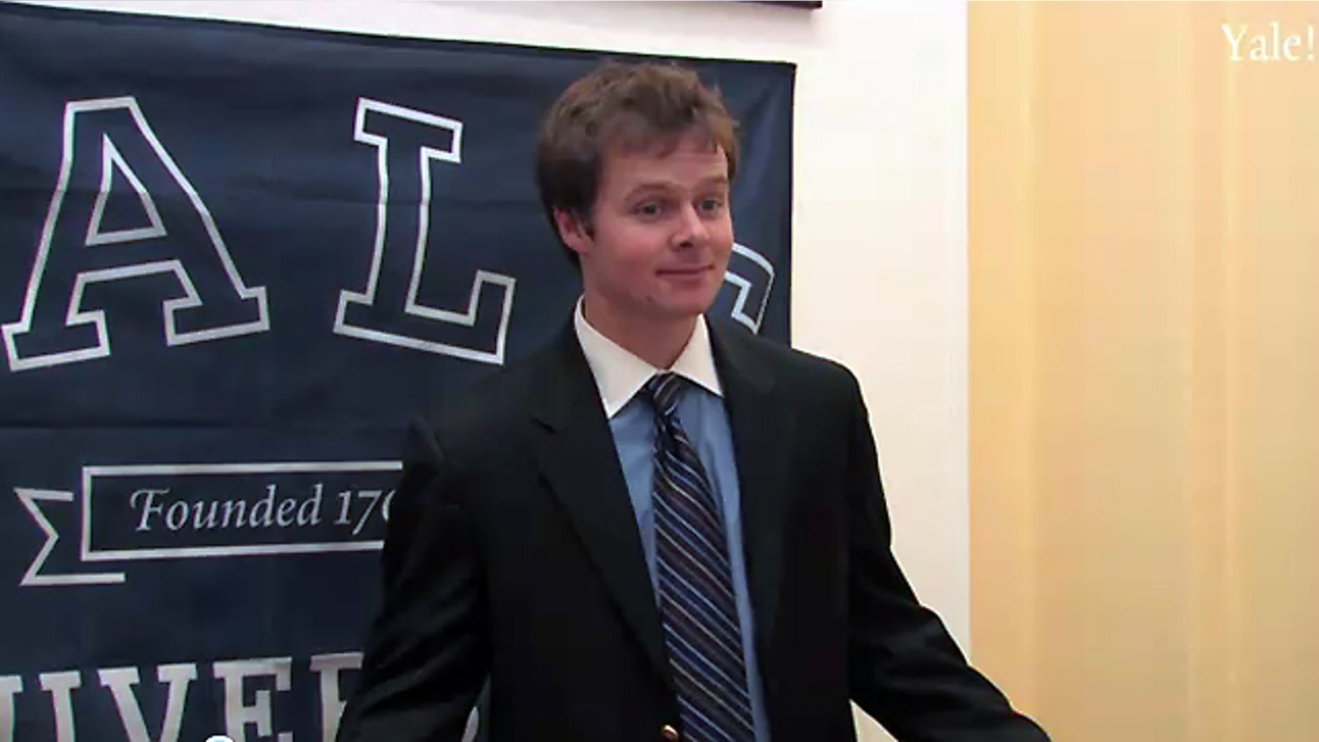 In this video created by "On Harvard Time" a Yale tour guide is depicted brushing off a prospective student's question about the murder of a Yale student in 2009.