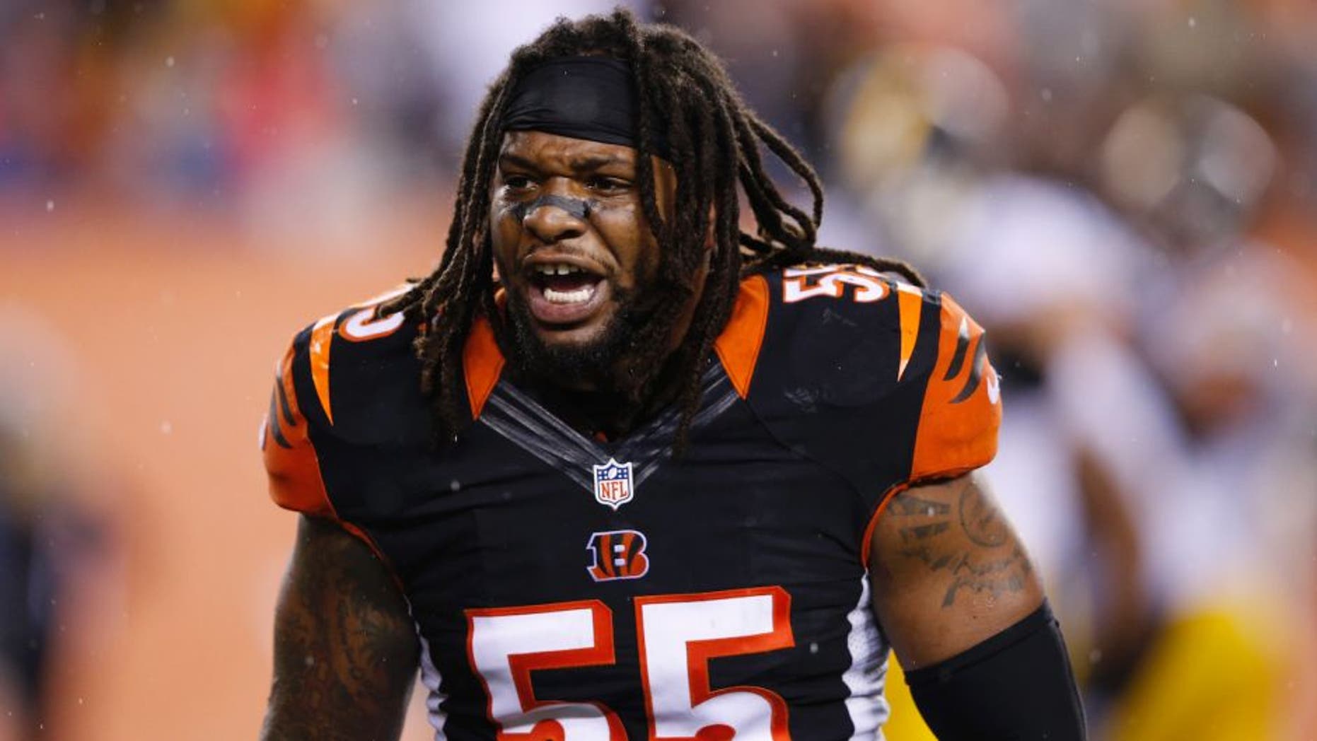 CINCINNATI, OH - JANUARY 9: Vontaze Burfict #55 of the Cincinnati Bengals argues in the second half of the AFC Wild Card Playoff game against the Pittsburgh Steelers at Paul Brown Stadium on January 9, 2016 in Cincinnati, Ohio. The Steelers defeated the Bengals 18-16. (Photo by Joe Robbins/Getty Images)