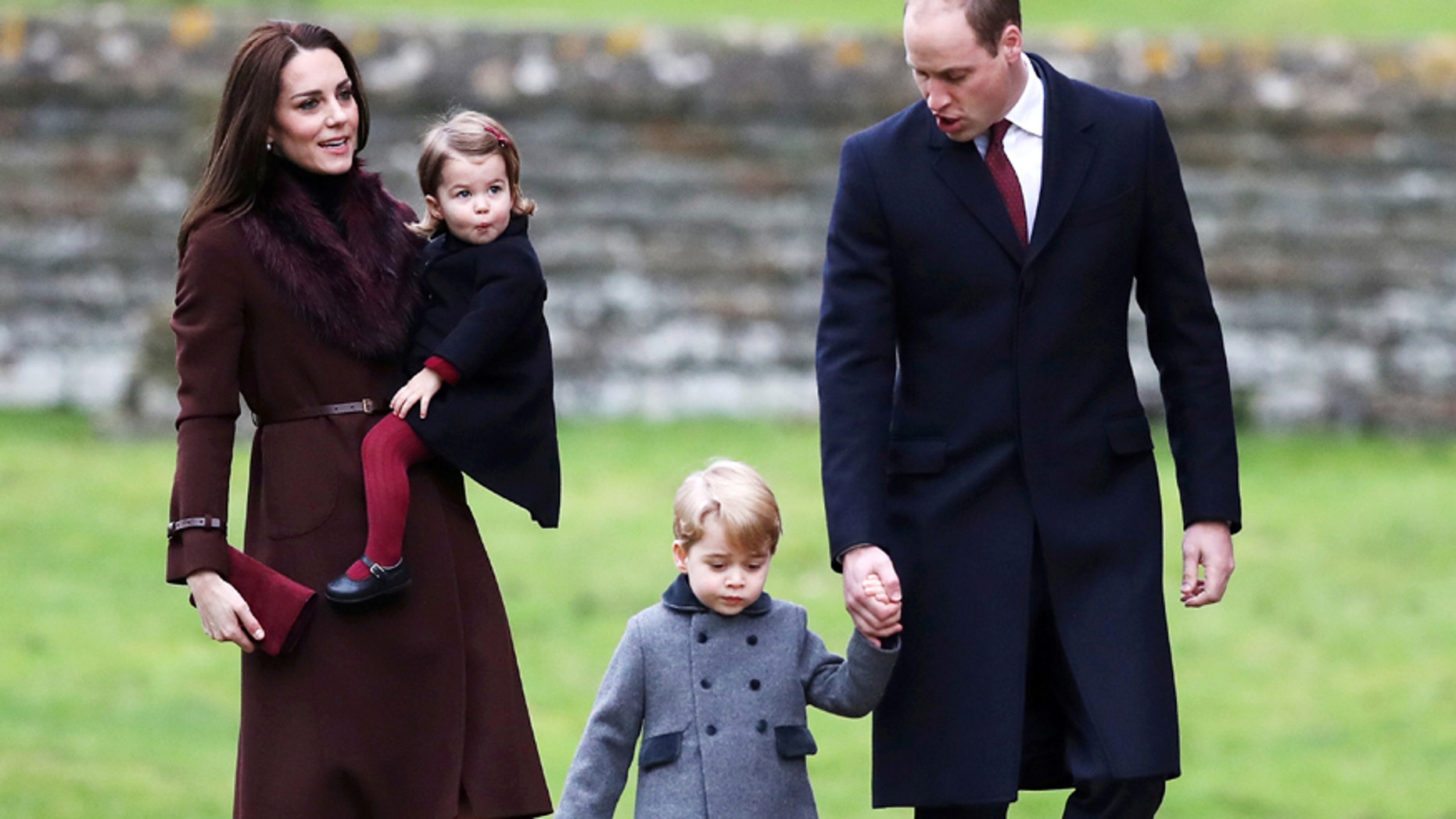 Prince William, the Duke of Cambridge (R), his wife Catherine, The Duchess of Cambridge (L), Prince George (2nd R) and Princess Charlotte arrive to attend the morning Christmas Day service at St Mark's Church in Englefield, near Bucklebury in southern England, Britain, December 25, 2016.