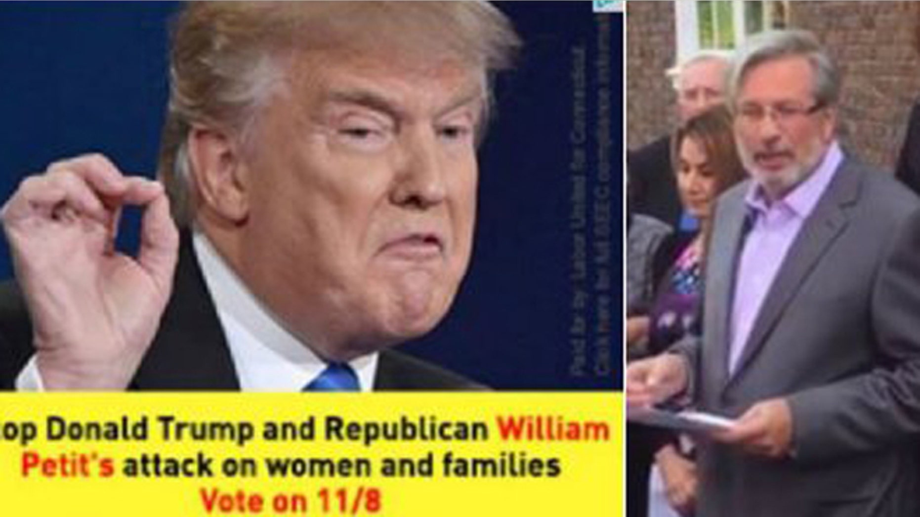 Dr. William Petit (r) denounced a political attack ad linking him to Donald Trump and an "attack on women and families." (Fox 61)
