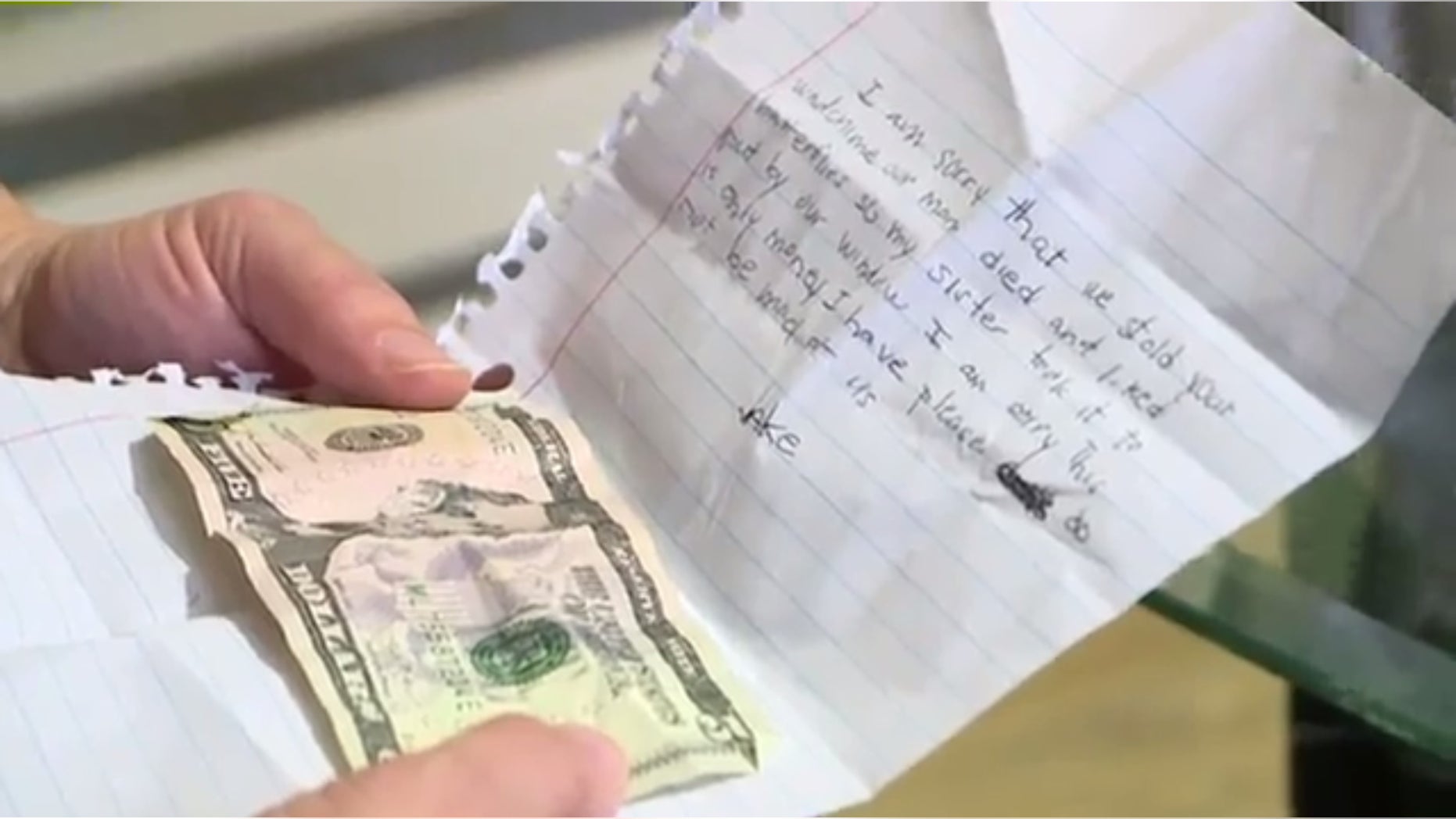 The handwritten note came with a $5 bill.
