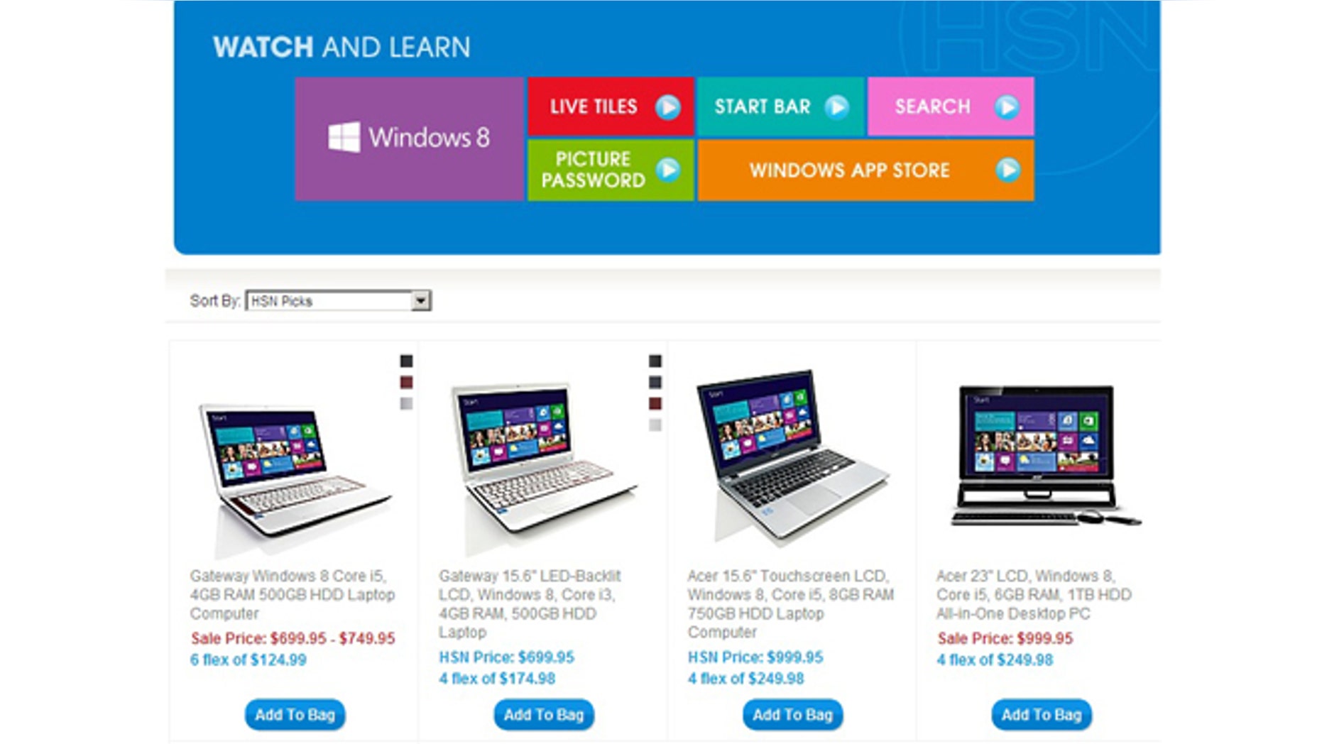Windows 8 PCs hit the web two weeks early, seen here in a screenshot of the Home Shopping Network's website.