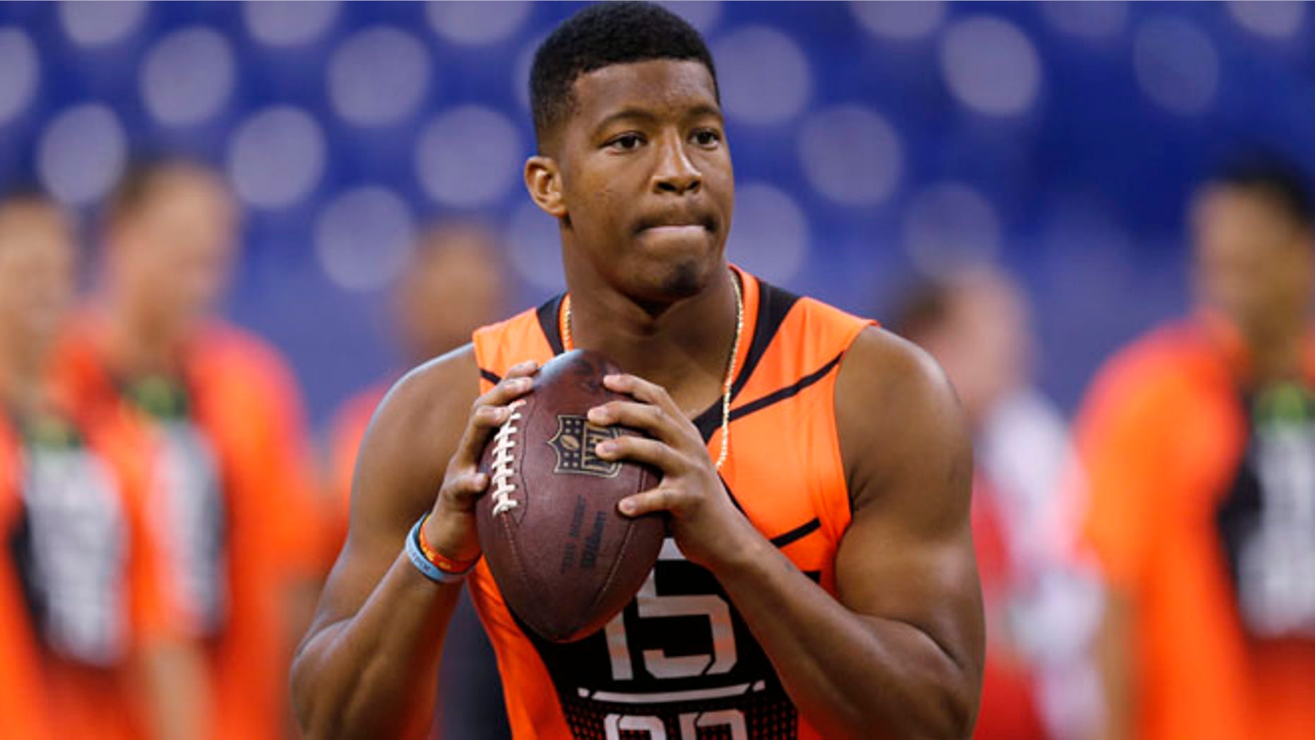 Feb. 21, 2015: Florida State quarterback Jameis Winston runs a drill at the NFL football scouting combine in Indianapolis. (AP)