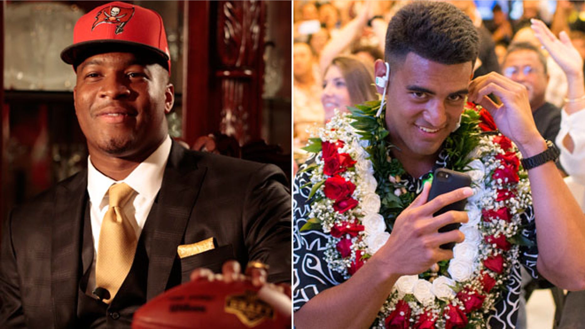 This split shows Jameis Winston posing with a Tamp Bay Buccaneers cap and NFL football, left, and former Oregon quarterback Marcus Mariota, right. (AP)
