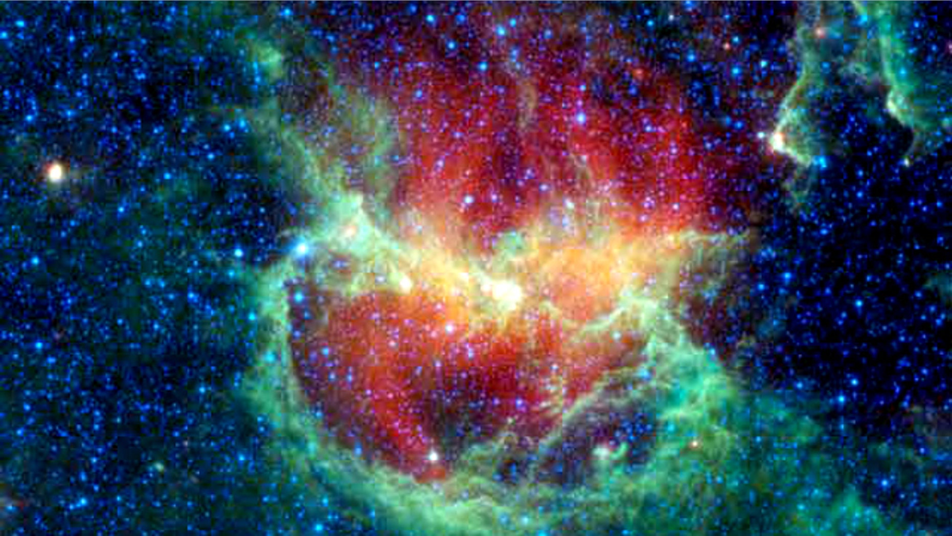 NASA's WISE telescope took this infrared image of a star-forming cloud called the Lambda Centauri Nebula, also known as the Running Chicken Nebula. The nebula is about 5,800 light-years from Earth, and it's home to a new cluster of stars born nearly 8 million years ago.