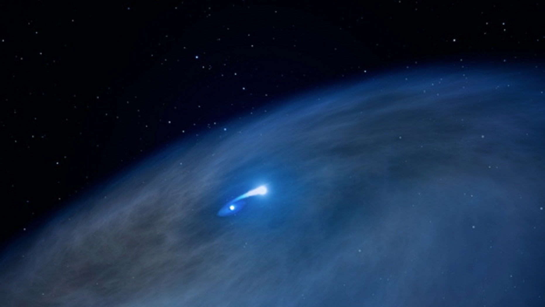 An artist's conception depicts an immense disk of gas surrounding a massive, bright Wolf-Rayet star (at center).