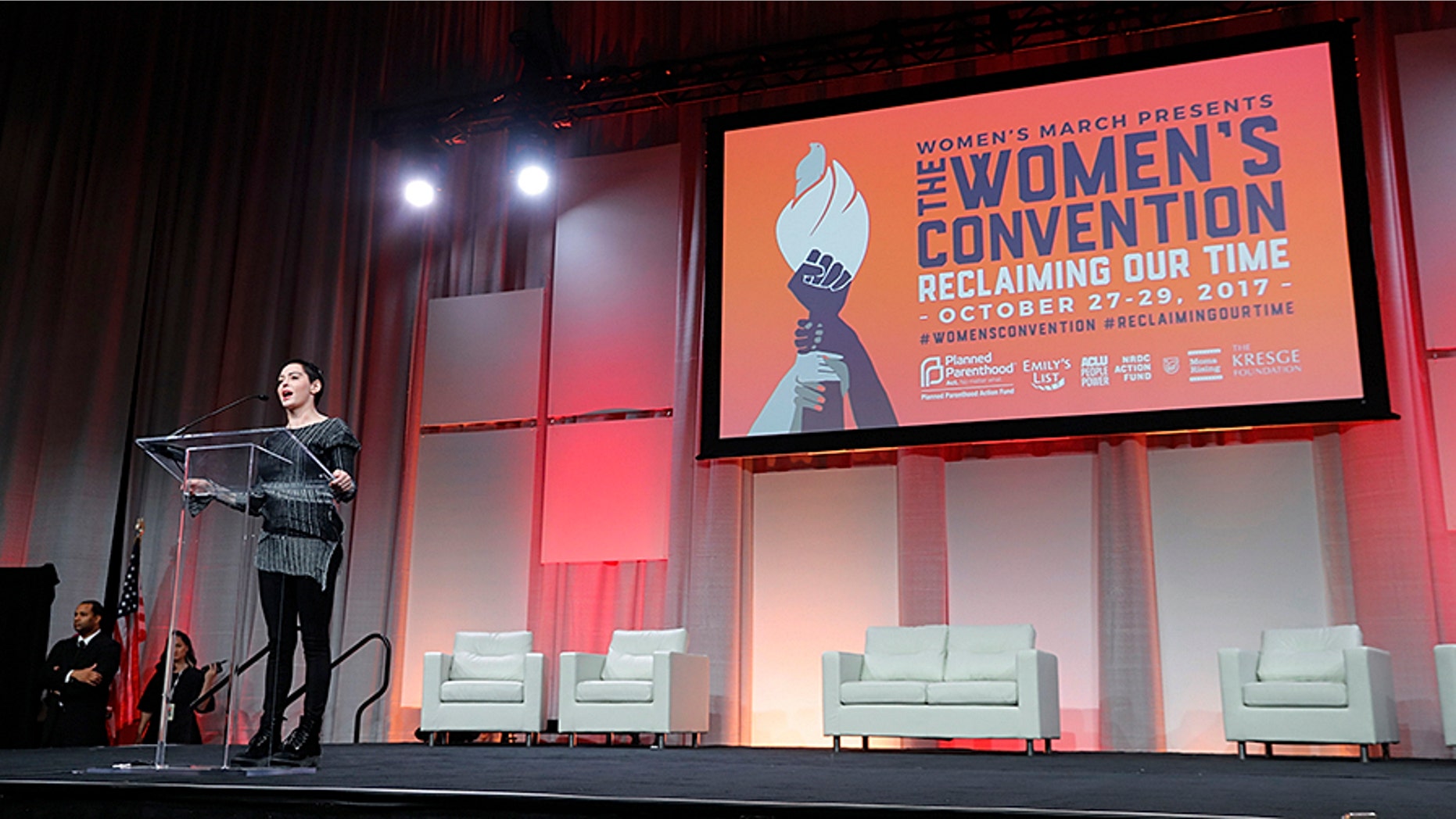Actress Rose McGowan speaks at the inaugural Women's Convention in Detroit, Friday, Oct. 27, 2017. McGowan recently went public with her allegation that film company co-founder Harvey Weinstein raped her. (AP Photo/Paul Sancya)