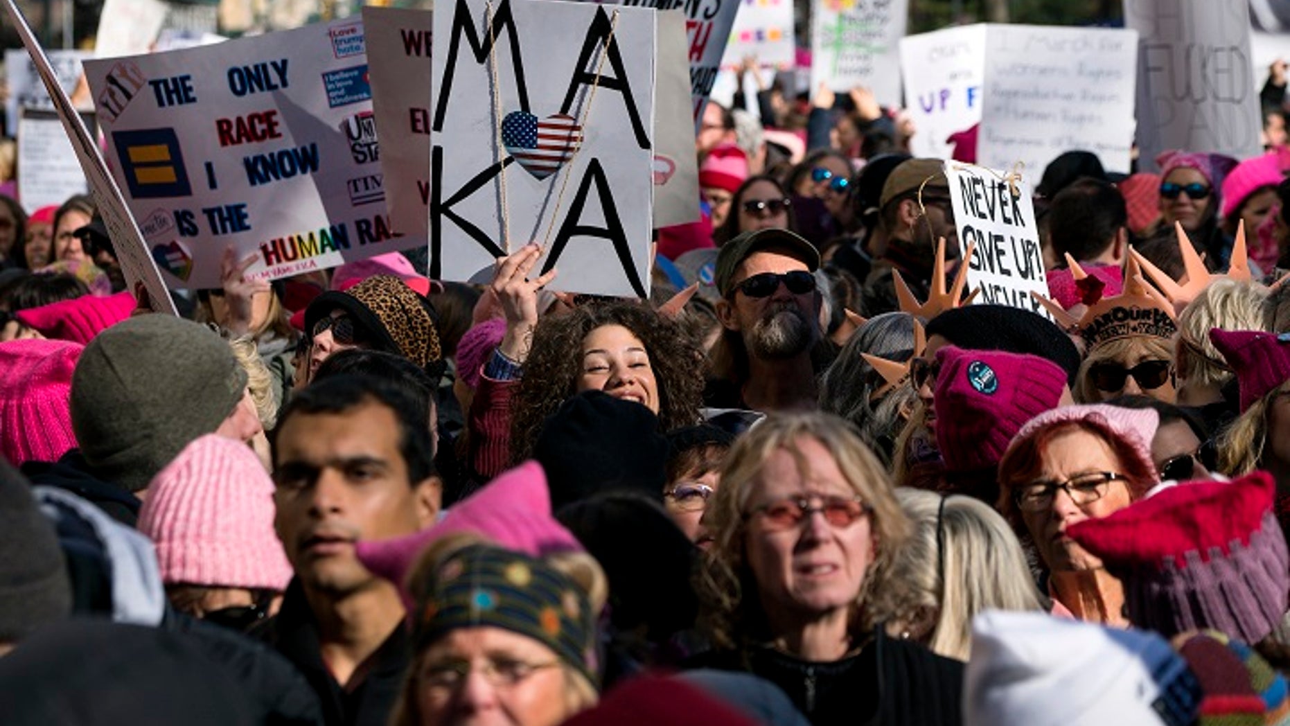 People assembling in New York for the 2018 Women’s March on Saturday.