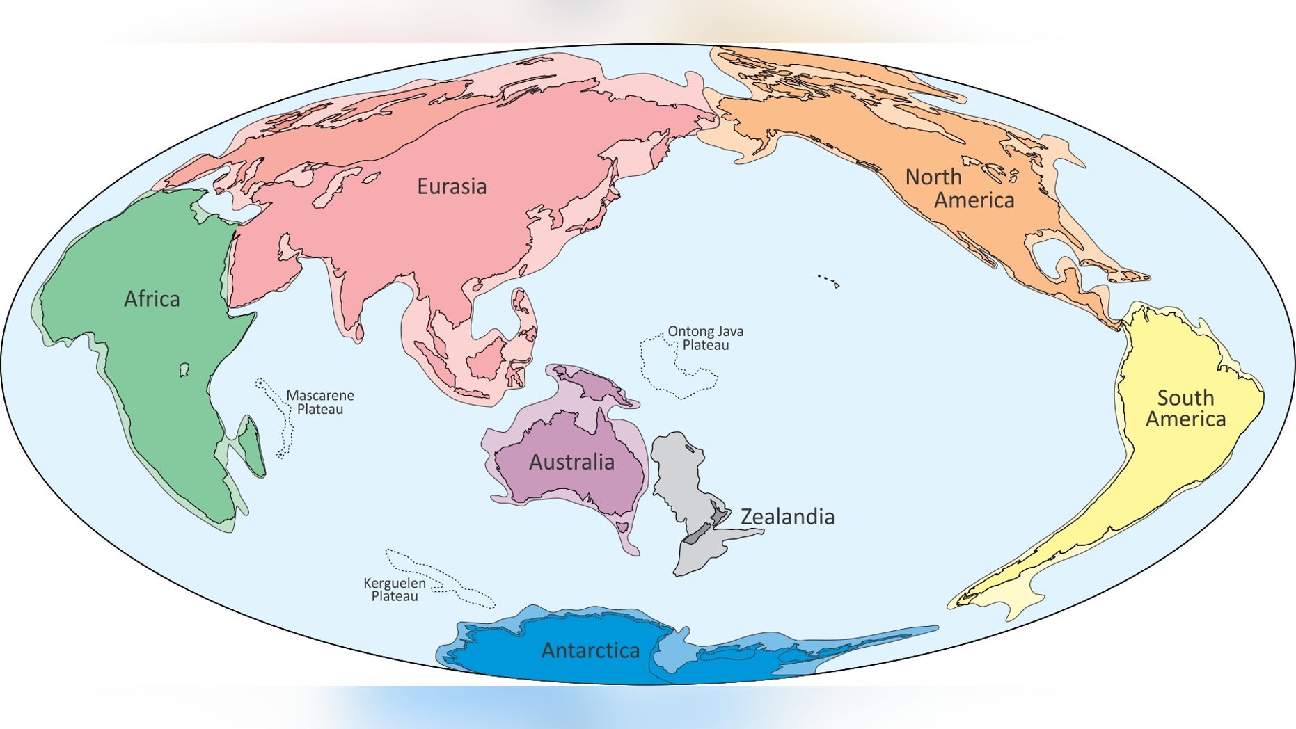 A proposed world map showing the eighth continent Zealandia. Though most of this continent is submerged beneath the ocean, scientists say it has all the geologic hallmarks of a separate continent.