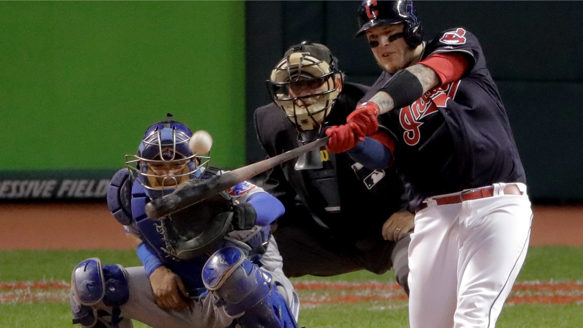 Oct. 25, 2016: Cleveland Indians' Roberto Perez hits a three-run home run against the Chicago Cubs during the eighth inning of Game 1 of the World Series