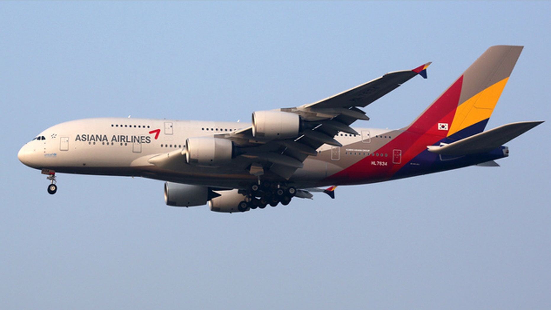 Incheon, South Korea - May 24, 2016: An Asiana Airlines Airbus A380 with the registration HL7634 approaching Seoul Incheon International Airport (ICN) in South Korea. The Airbus A380 is the world's largest passenger airliner. Asiana Airlines is an airline from South Korea with its headquarters in Seoul.