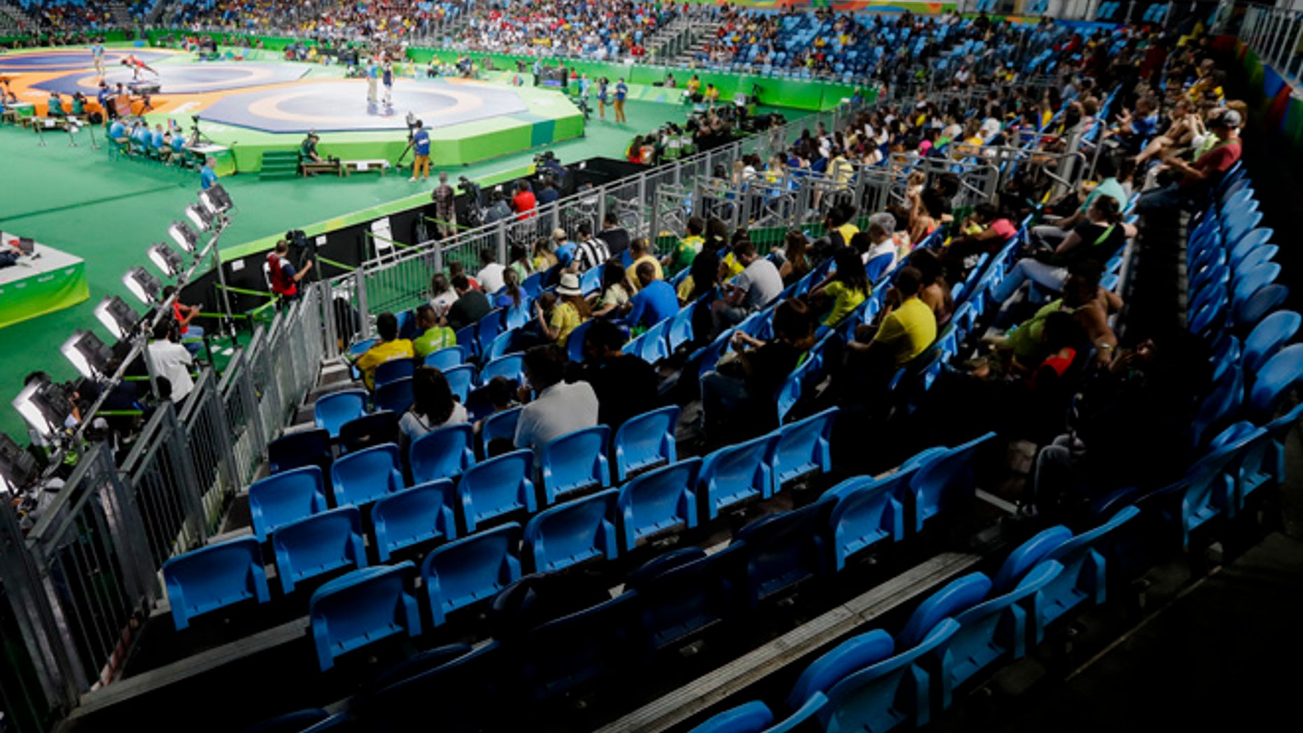 General view inside the Carioca 2 Arena during the women's freestyle wrestling competition at the 2016 Summer Olympics in Rio de Janeiro, Brazil, Thursday, Aug. 18, 2016. (AP Photo/Markus Schreiber)