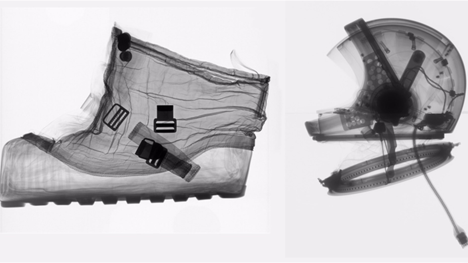 This handout image provided by the Smithsonian National Air and Space Museum shows an X-ray of an extravehicular (EV) overshoe that was designed to be worn over the Apollo spacesuit boots while an astronaut was walking on the Moon and a 1964 A4-H “Universal” helmet, showing in the x-ray ball bearings in the neck ring that allowed the helmet to move right and left without restriction.