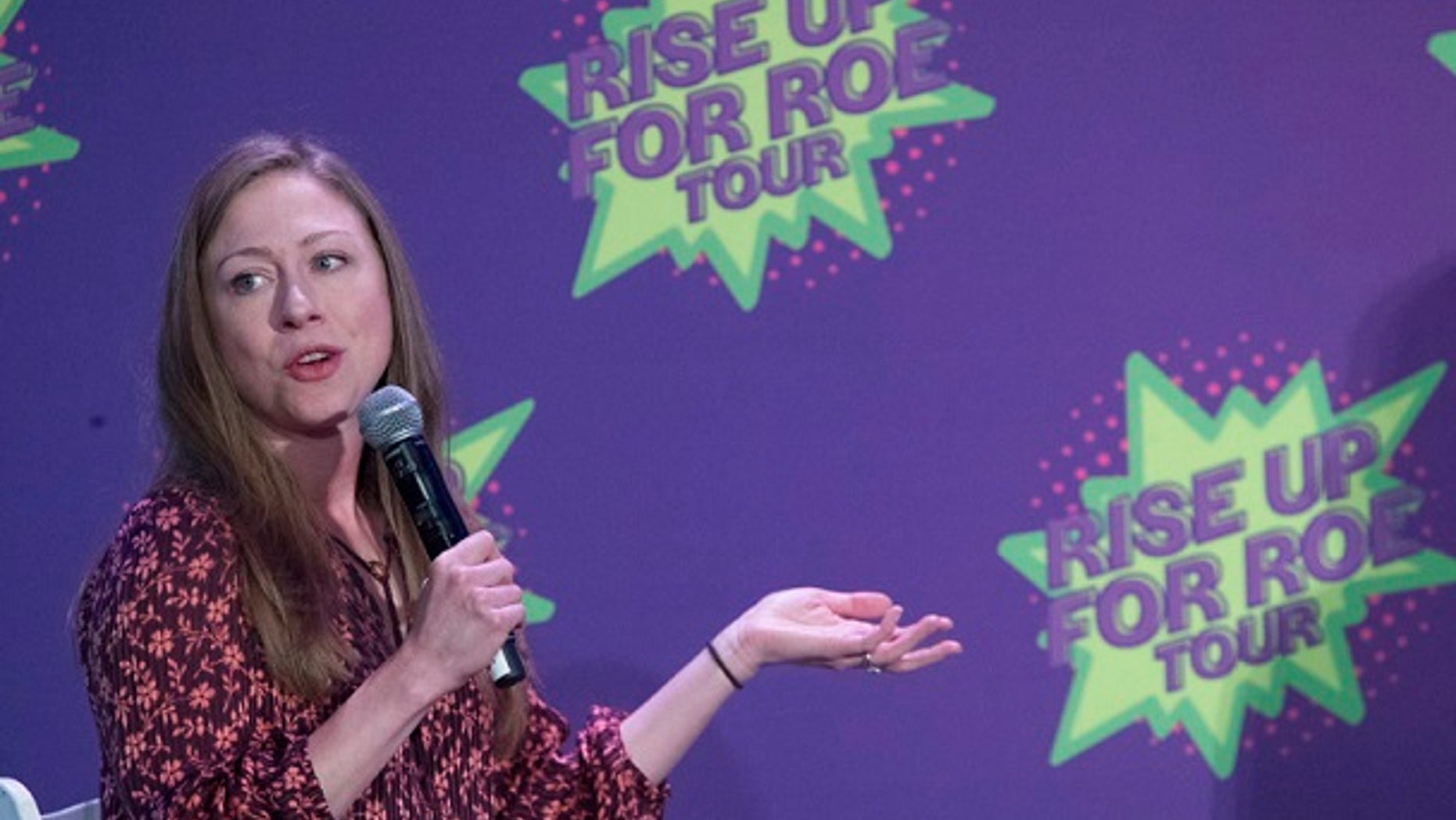 Chelsea Clinton speaks during the Rise Up For Roe national tour, Saturday, Aug. 11, 2018, in New York. (AP Photo/Mary Altaffer)