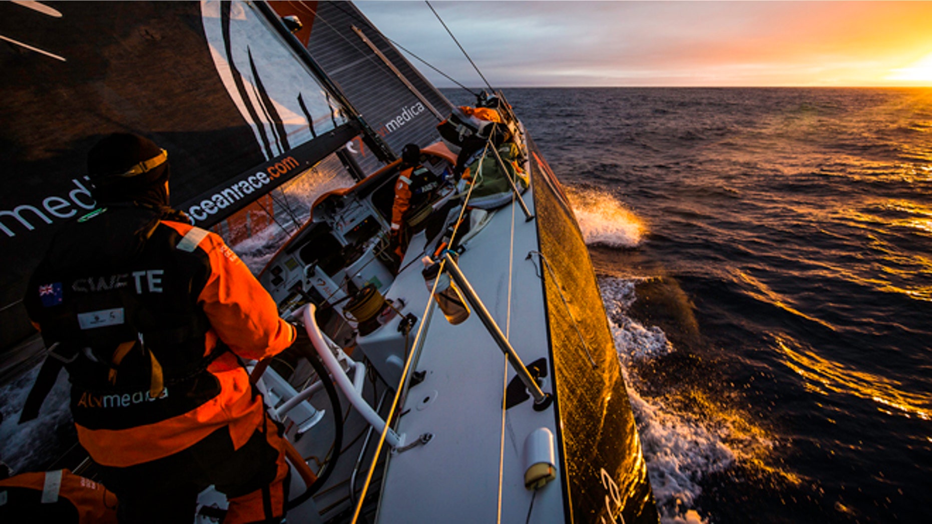 AT SEA - NOVEMBER 4: Onboard Team Alvimedica. Day 24. With just 650 miles to Cape Town, the sailing slows considerably as a high-pressure system moves in from the west. The first sunrise onboard Alvimedica in a week. Leg 1 between Alicante, Spain and Cape Town, South Africa. The Volvo Ocean Race 2014-15 is the 12th running of this ocean marathon. Starting from Alicante in Spain on October 11, 2014, the route, spanning some 39,379 nautical miles, visits 11 ports in 11 countries (Spain, South Africa, United Arab Emirates, China, New Zealand, Brazil, United States, Portugal, France, the Netherlands and Sweden) over nine months. The Volvo Ocean Race is the world's premier ocean race for professional racing crews. (Photo by Amory Ross/Team Alvimedica/Volvo Ocean Race via Getty Images)