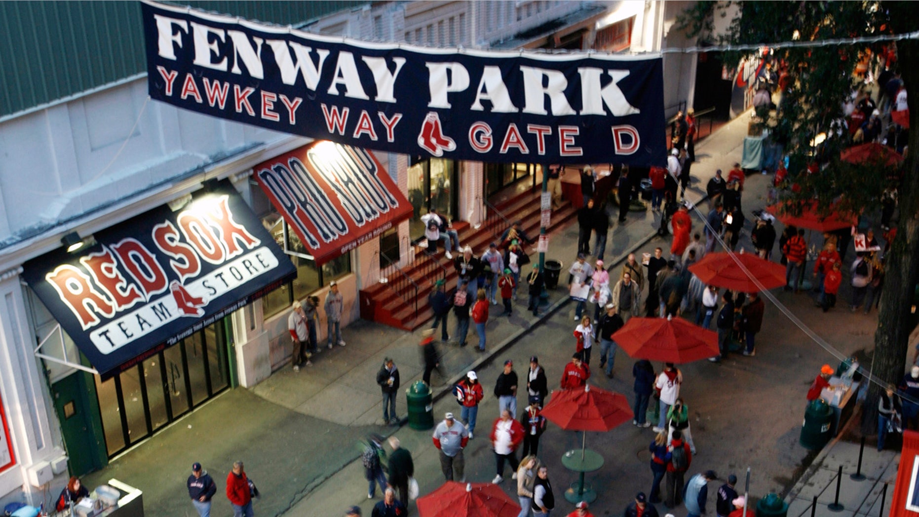 Fans gather on Yawkey Way outside Fenway Park in Boston prior to Game 1 of the 2007 World Series.