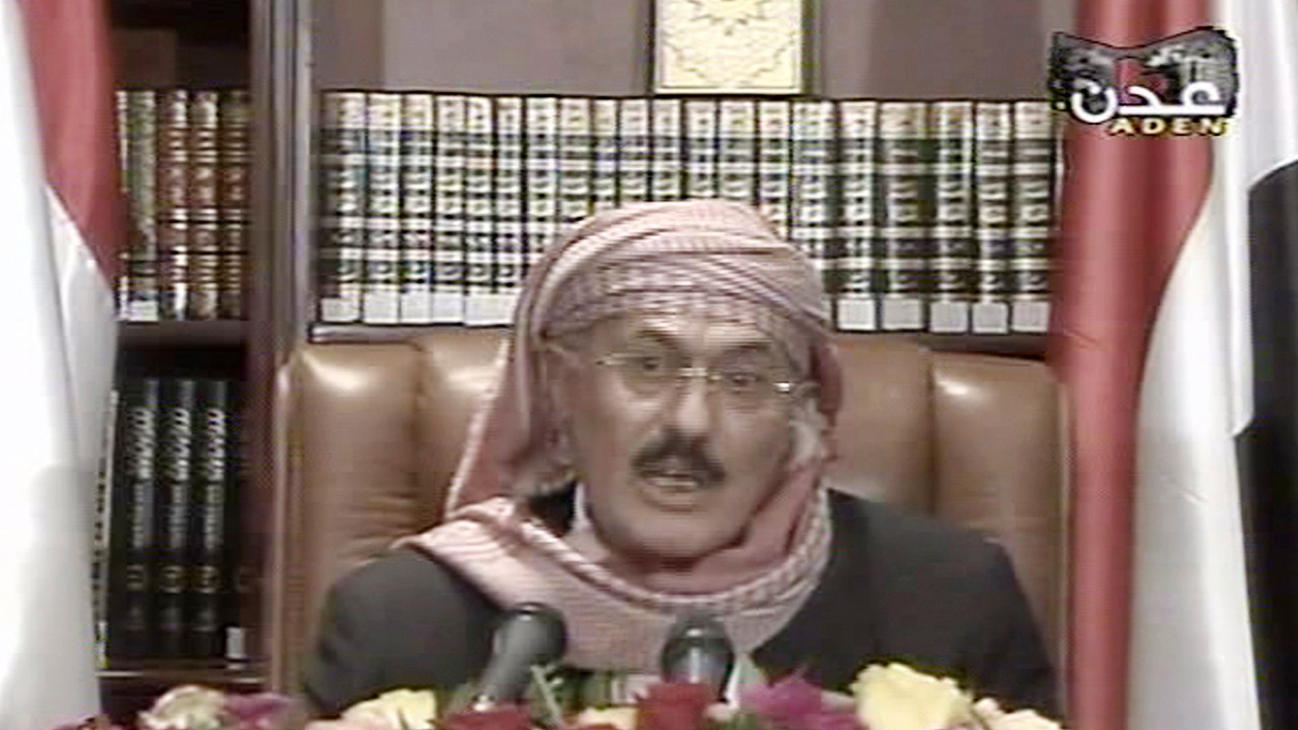 Sep. 25, 2011: In this image made from video, Yemen's President Ali Abdullah Saleh speaks on Yemen State Television. Embattled Yemeni president says he endorses U.S. backed power-transfer deal however he remained defiant in the face of thousands of Yemenis staging daily mass protests over the past eight months to press him to step down.