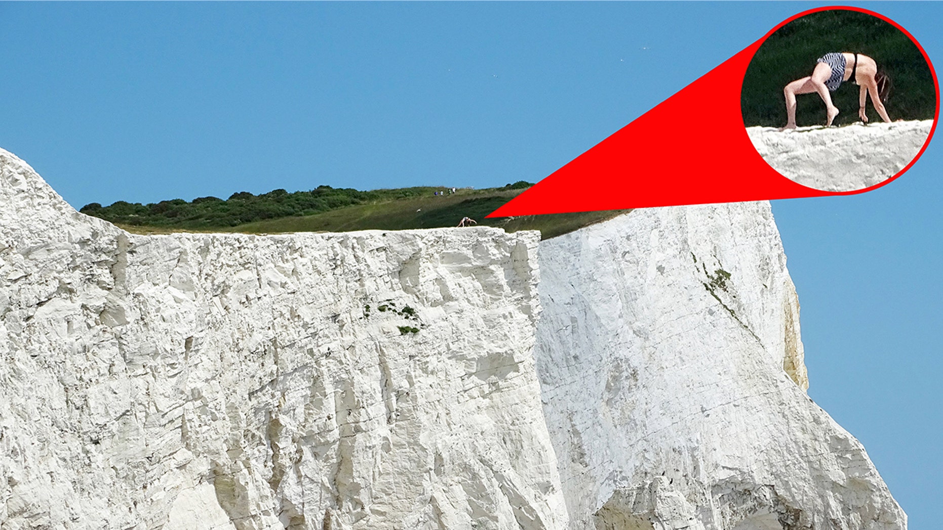 A woman was caught on camera doing a series of yoga poses on the edge of a dangerous crumbling cliff.