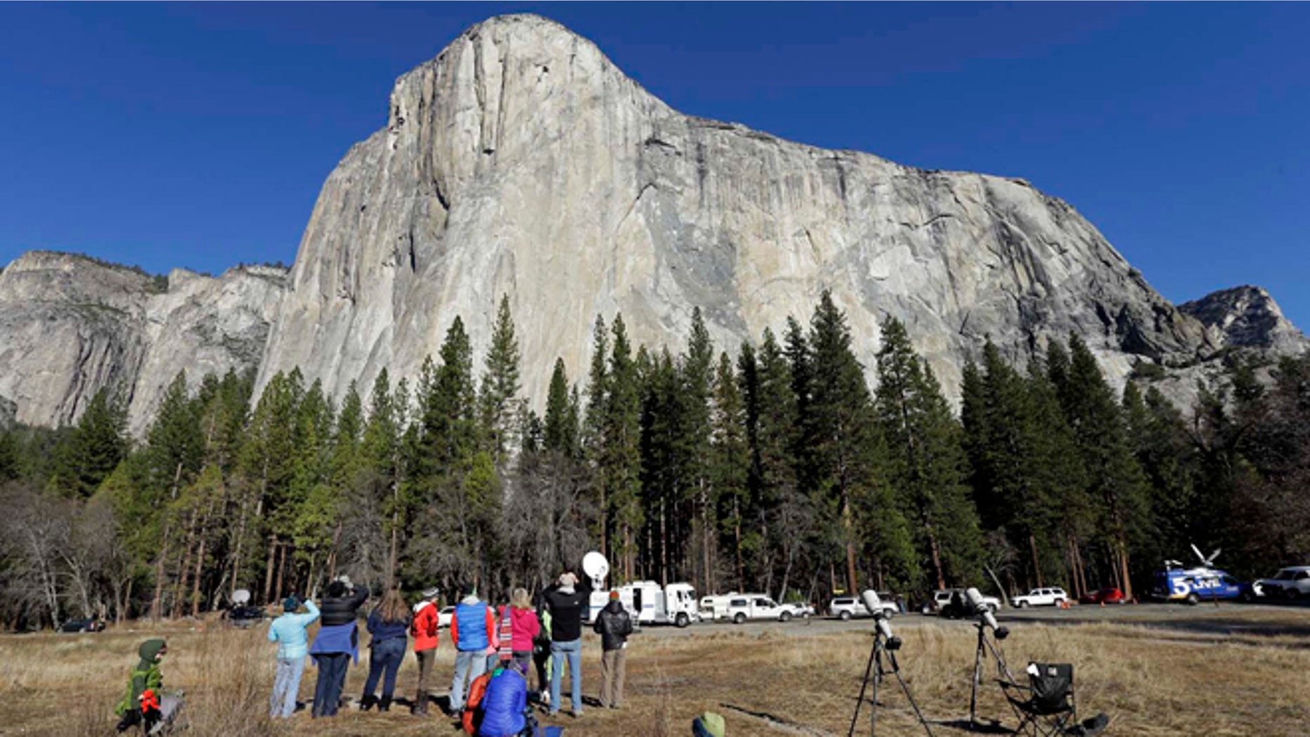 Jan. 14, 2015: Spectators gaze at El Capitan, as seen from the valley floor in Yosemite National Park, Calif.