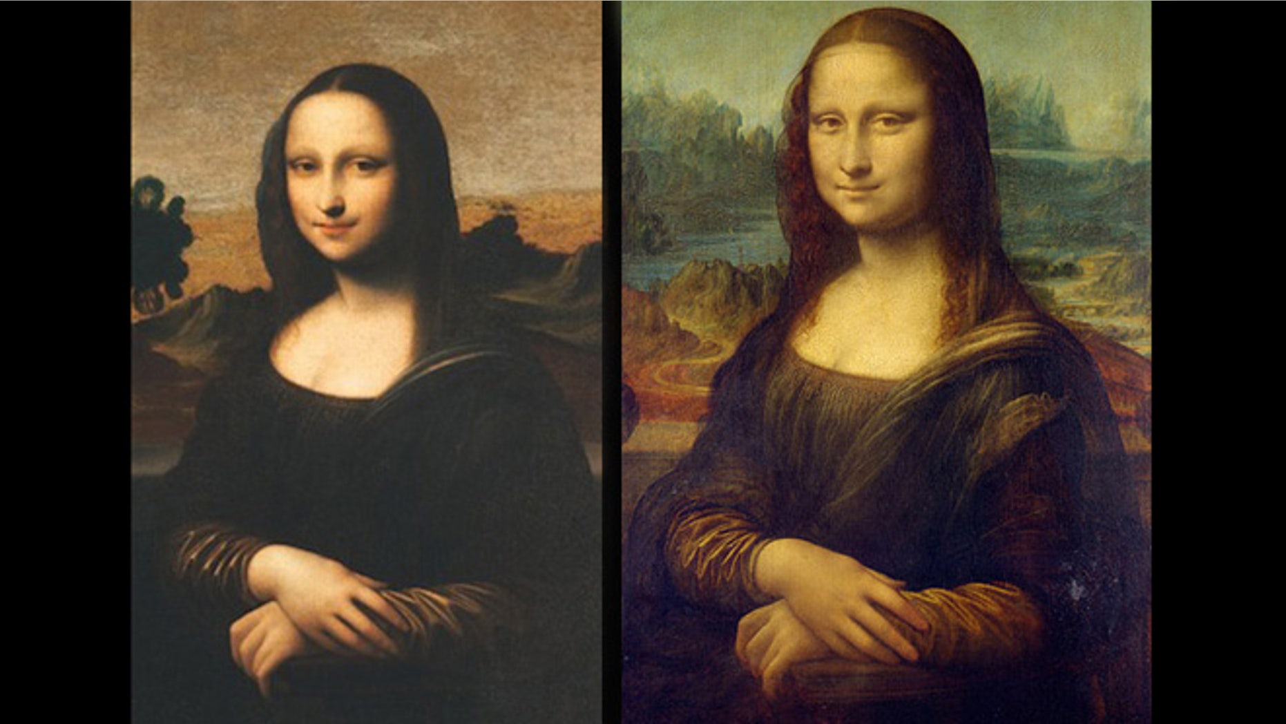 Cropped pictures of the Isleworth Mona Lisa (left) and the Louvre Mona Lisa (right).