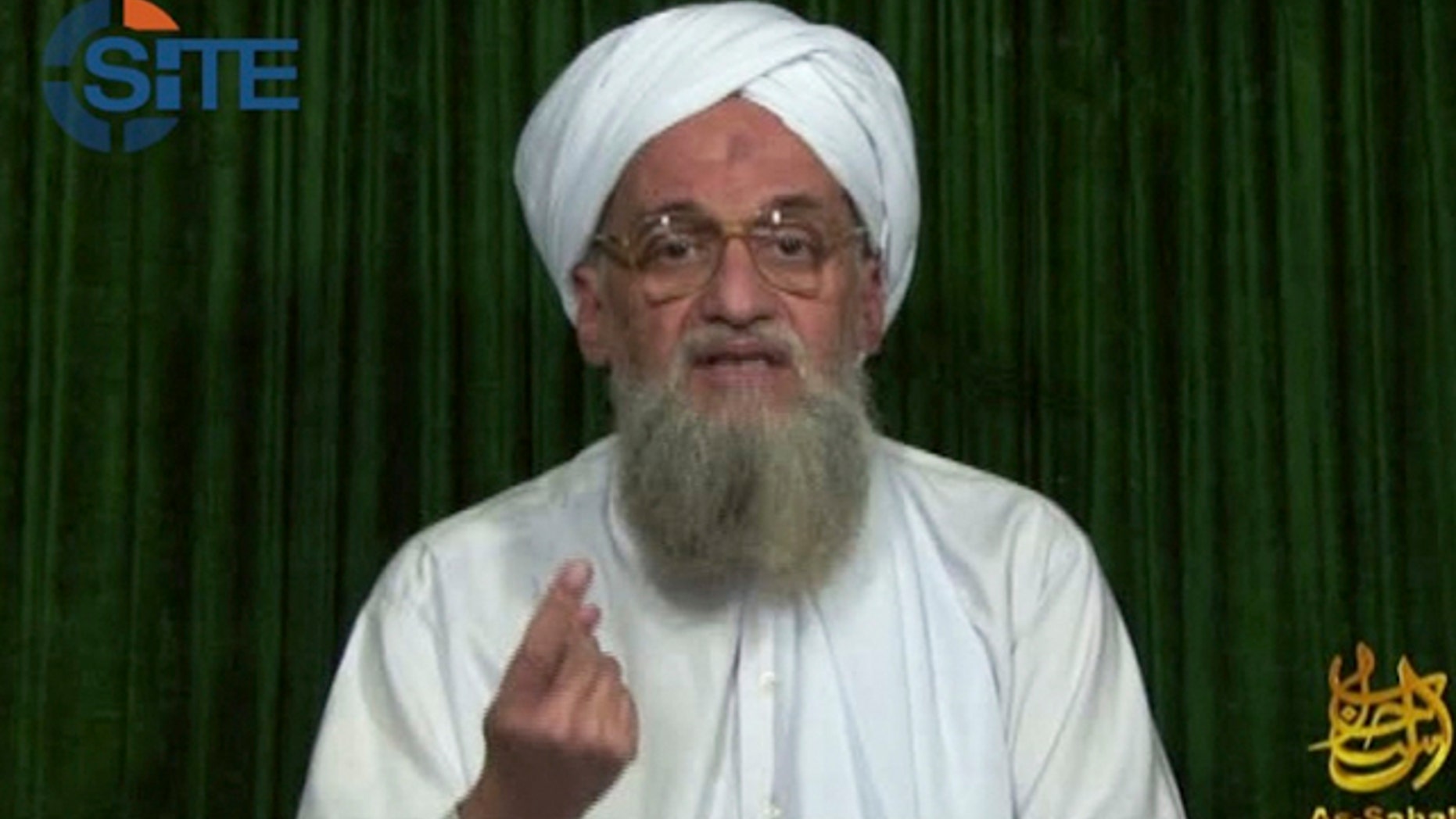 Feb. 12, 2012: This image from video AP obtained from the SITE Intel Group, an American private terrorist threat analysis company, has been authenticated based on details in it, shows Al Qaeda's leader Ayman al-Zawahri in a web posting by Al Qaeda's media arm, as-Sahab, calling on Muslims across the Arab world and beyond to support rebels in Syria who are seeking to overthrow President Bashar Assad. (AP/SITE Intel Group)