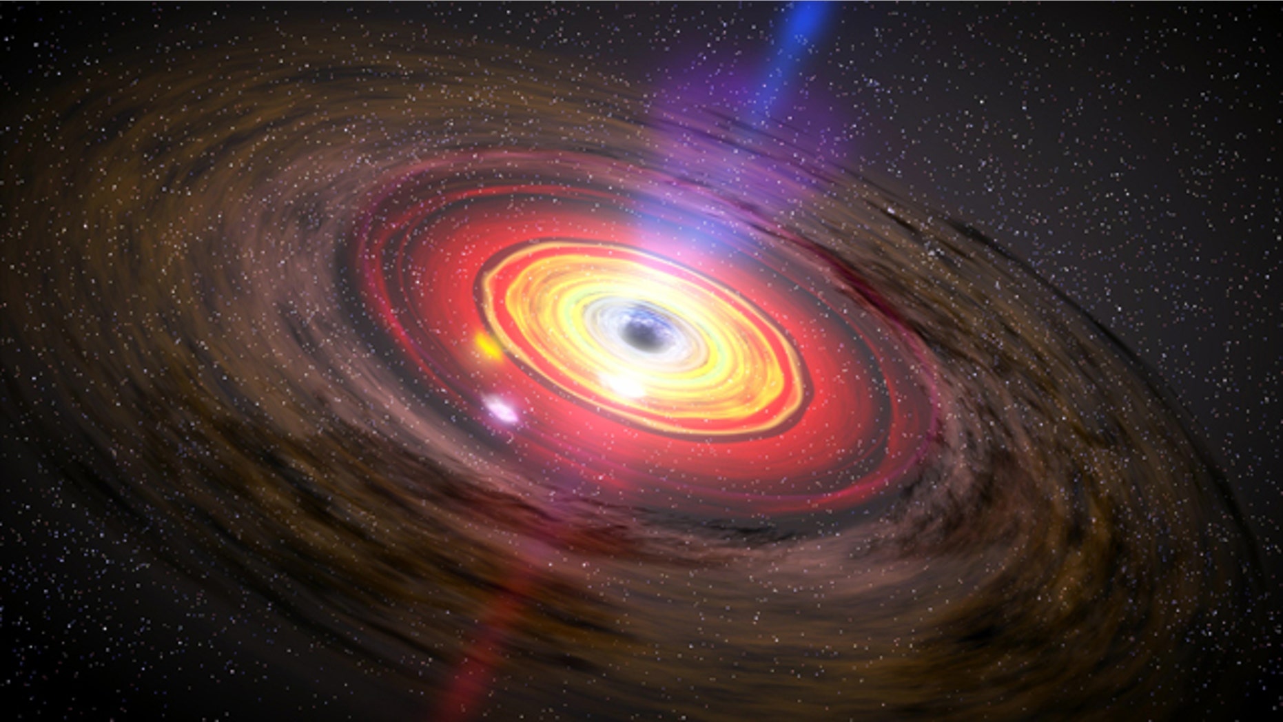 This image depicts three hot blobs of matter orbiting a black hole. If placed in our Solar System, this black hole would appear like a dark abyss spread out nearly as wide as Mercury's orbit.