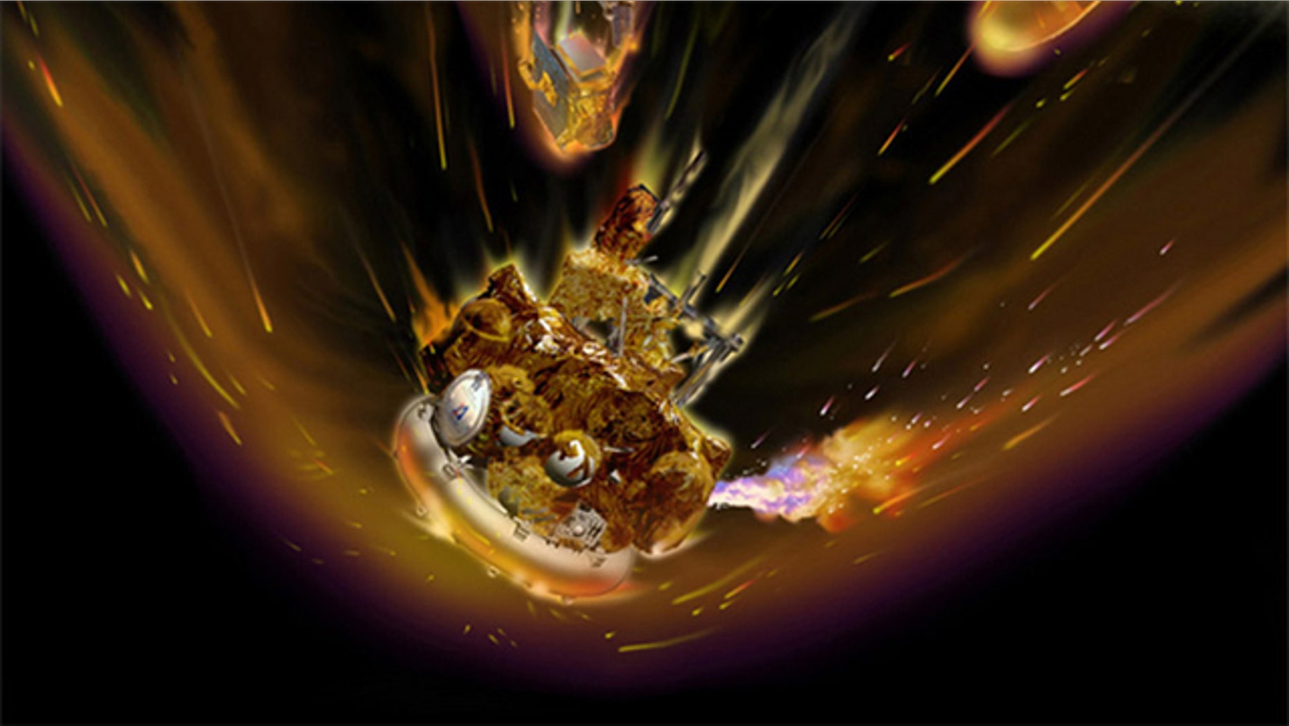 This artist's impression of the reentring Phobos-Grunt probe shows the ruptured fuel tanks ablaze as it tumbles through the atmosphere.