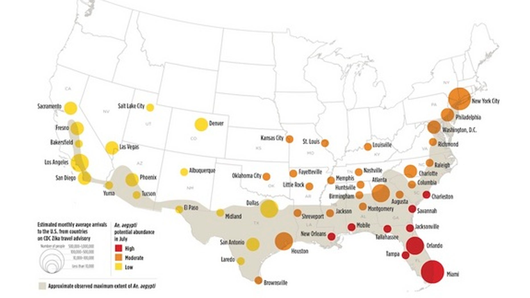 Though most of the U.S. has a low risk of Zika transmission in the spring, by July portions of the southeast will have a high risk of local Zika transmission, though the extent of these outbreaks will likely be limited.