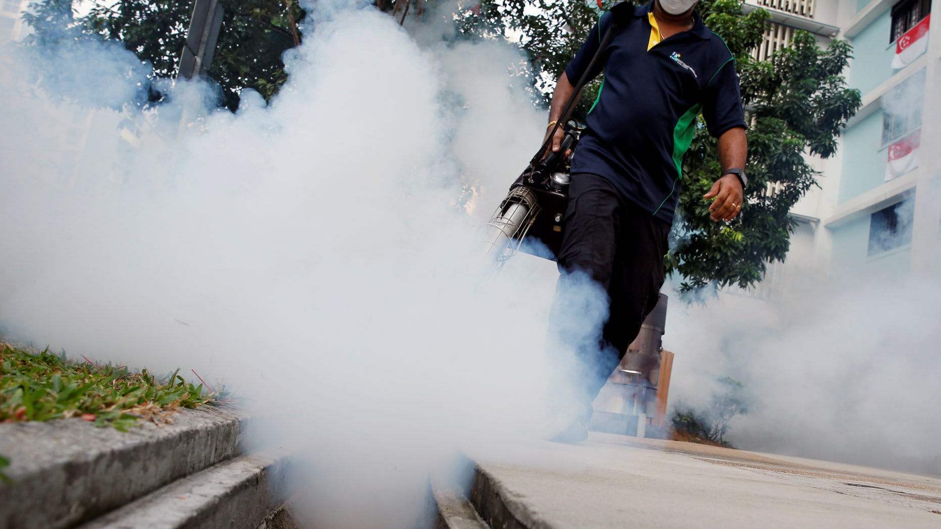 A worker fogs the common area of a public housing estate at a new Zika cluster in Singapore September 1, 2016.