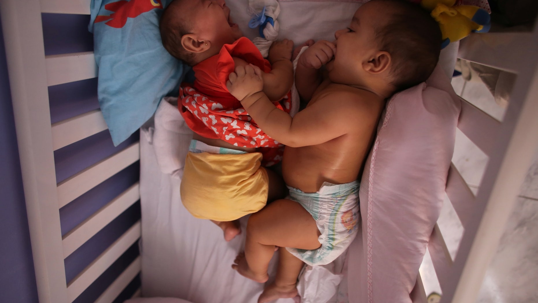 Five-month-old twins, Laura (L) and Lucas lie in their bed at their house in Santos, Sao Paulo state, Brazil April 20, 2016.