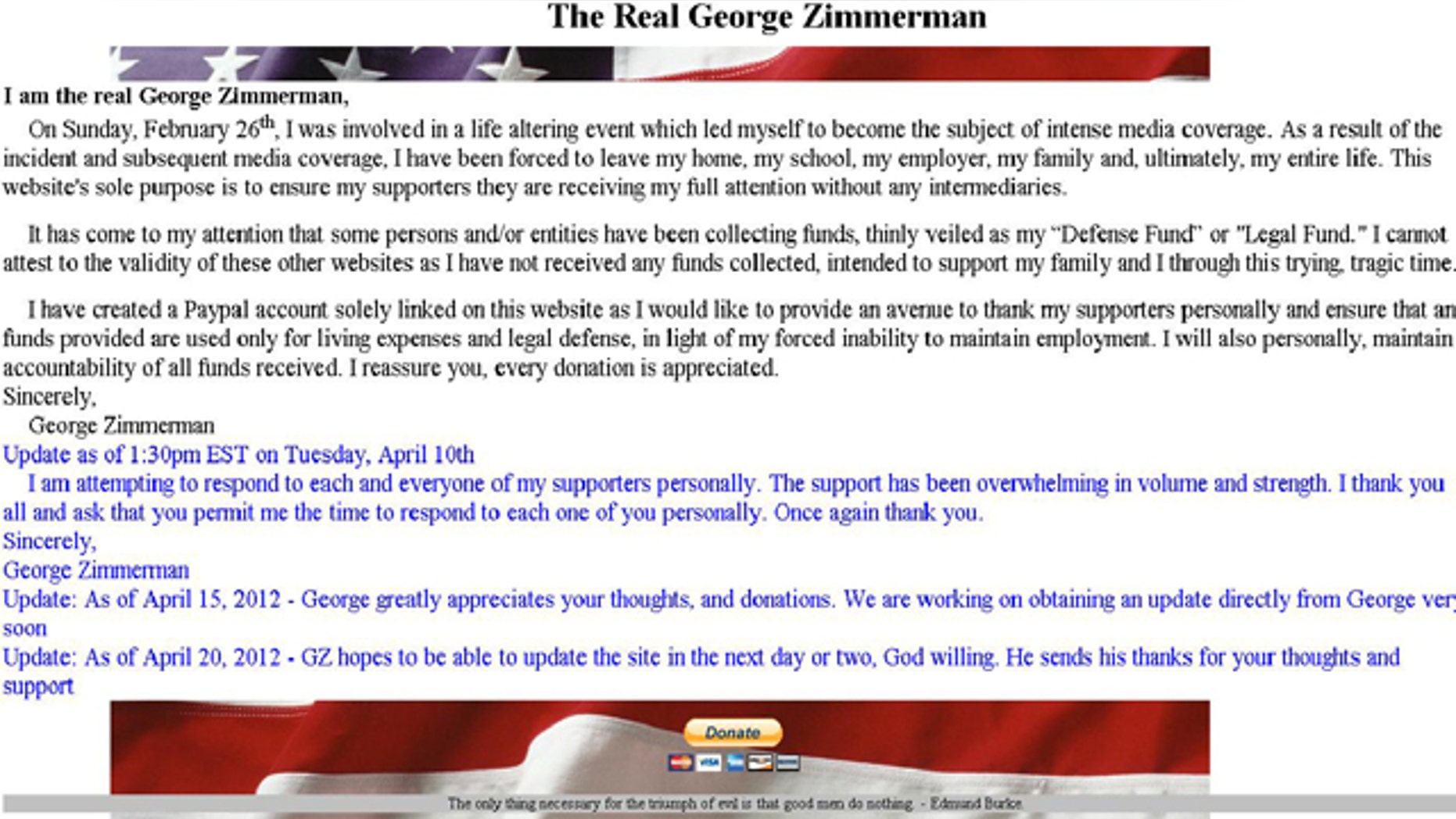 A screengrab from TheRealGeorgeZimmerman.com, which was shut down yesterday while Zimmerman's defense attorney takes control of raising funds for his legal costs.