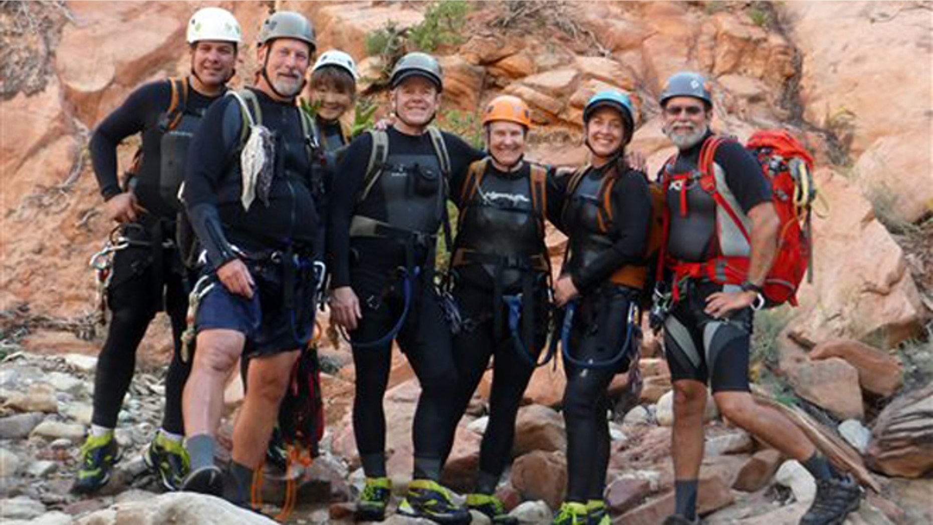 Sep. 18, 2015: This photo released by National Park Service shows from left to right: Gary Favela, Don Teichner, Muku Reynolds, Steve Arthur, Linda Arthur, Robin Brum, and Mark MacKenzie. The hikers, six from California and one from Nevada, died when fast-moving floodwaters rushed through a narrow park canyon Sept. 14, 2015.