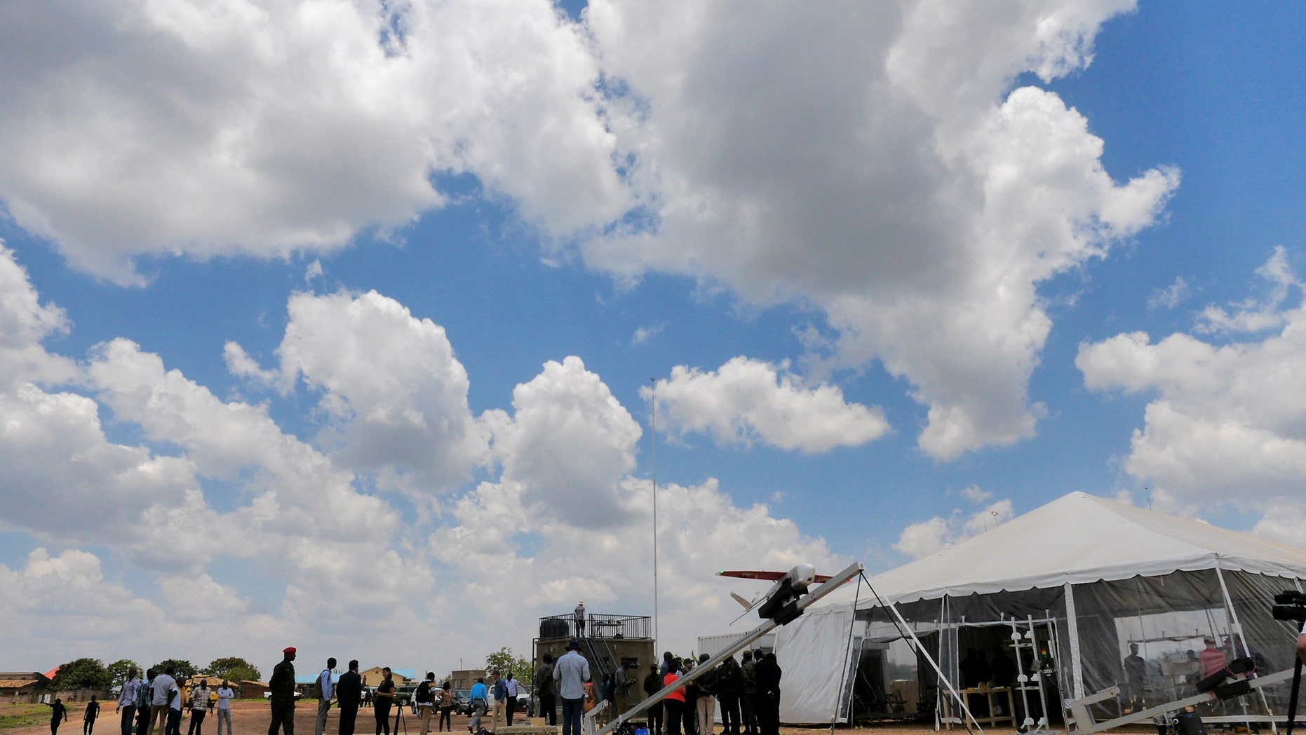Rwanda's government officials inspect the drone site before launch at drone operations center in Muhang, south of Rwanda's capital, where Zipline delivered their first blood to patients using a drone on Oct. 12, 2016.