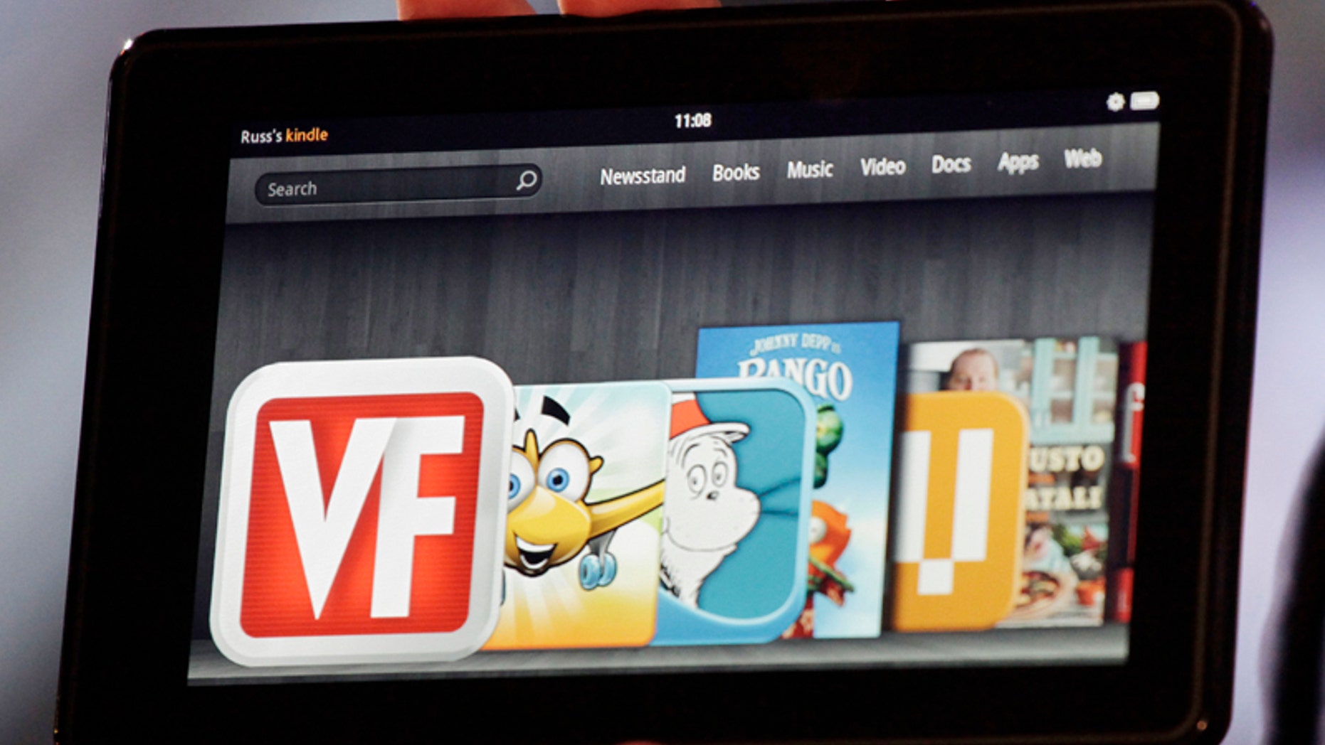 Sept. 28, 2011: The Kindle Fire is shown at a news conference in New York. The e-reader and tablet has a 7-inch multicolor touchscreen and sells for $199.