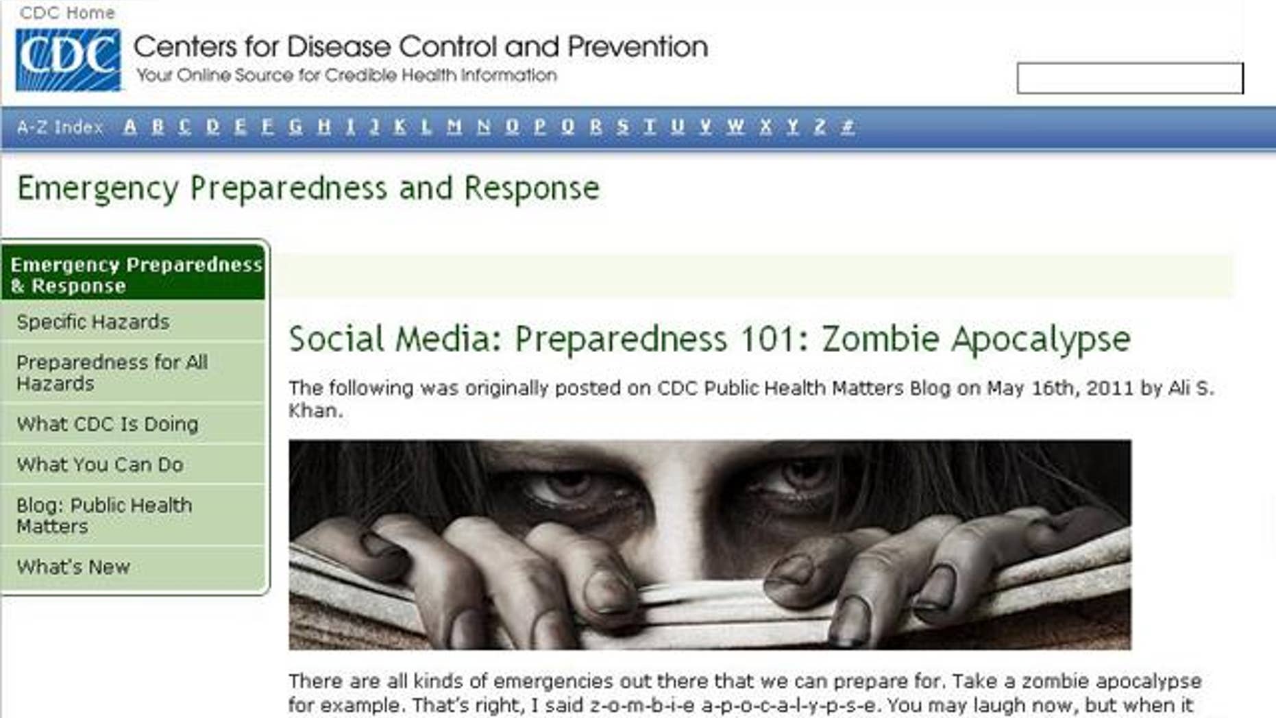 A screenshot of the website for the Centers for Disease Control, which were swamped by a massive wave of traffic following the tongue-in-cheek warning of an impending "zombie apocalypse."