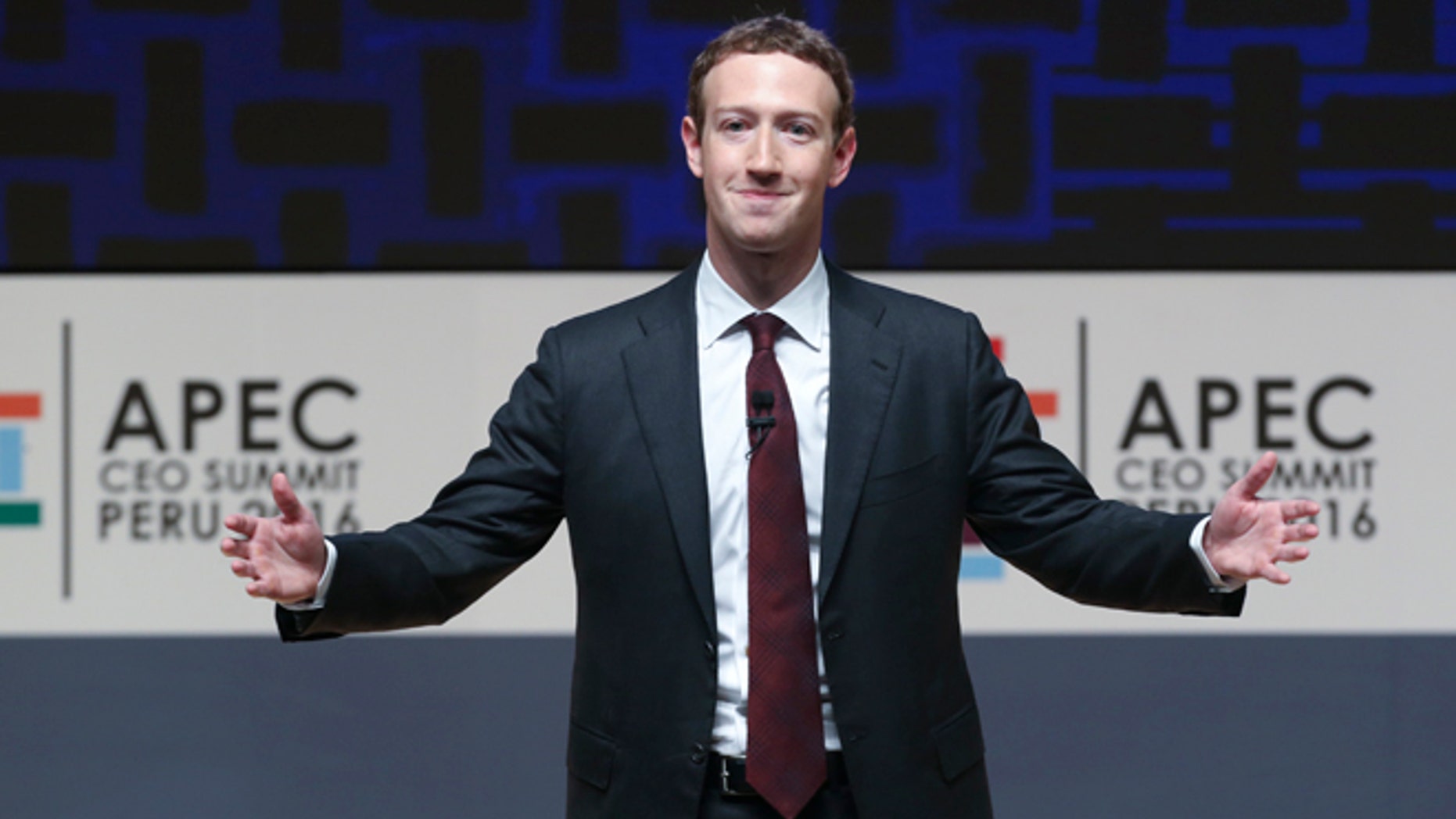 FILE -- In this Nov. 19, 2016, file photo, Mark Zuckerberg, chairman and CEO of Facebook, speaks at the CEO summit during the annual Asia Pacific Economic Cooperation (APEC) forum in Lima, Peru.