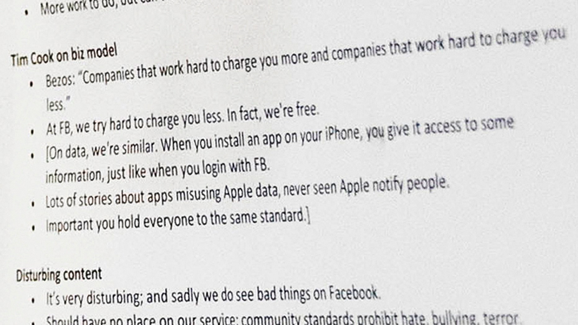A close-up of Facebook CEO Mark Zuckerberg's notes taken by an AP photographer show he was ready to hit back at Apple if questioned. (Credit: AP Photo/Andrew Harnik)